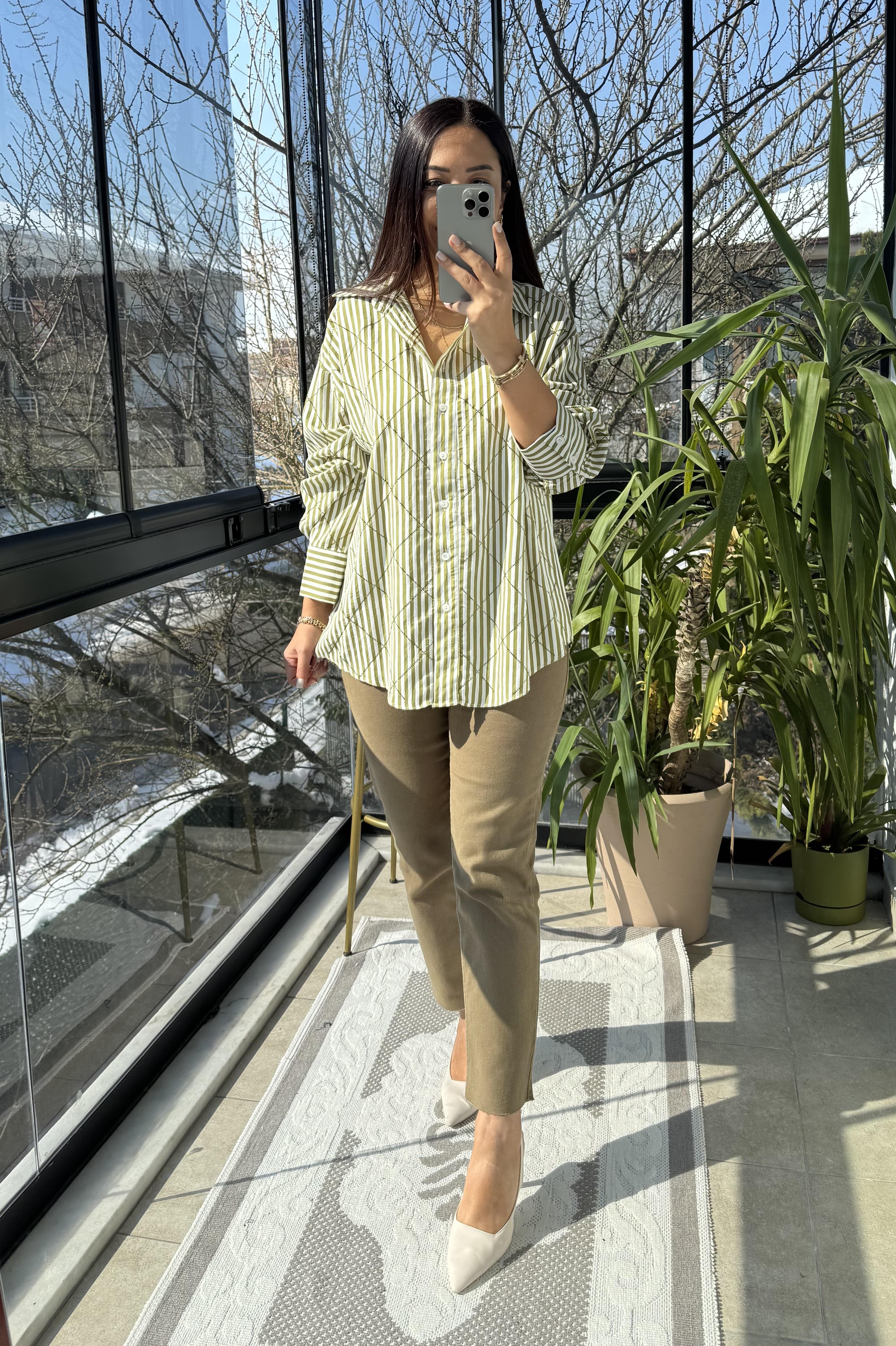 Baklava Taşlı Çizgili Oversize Gömlek Yağ Yeşili