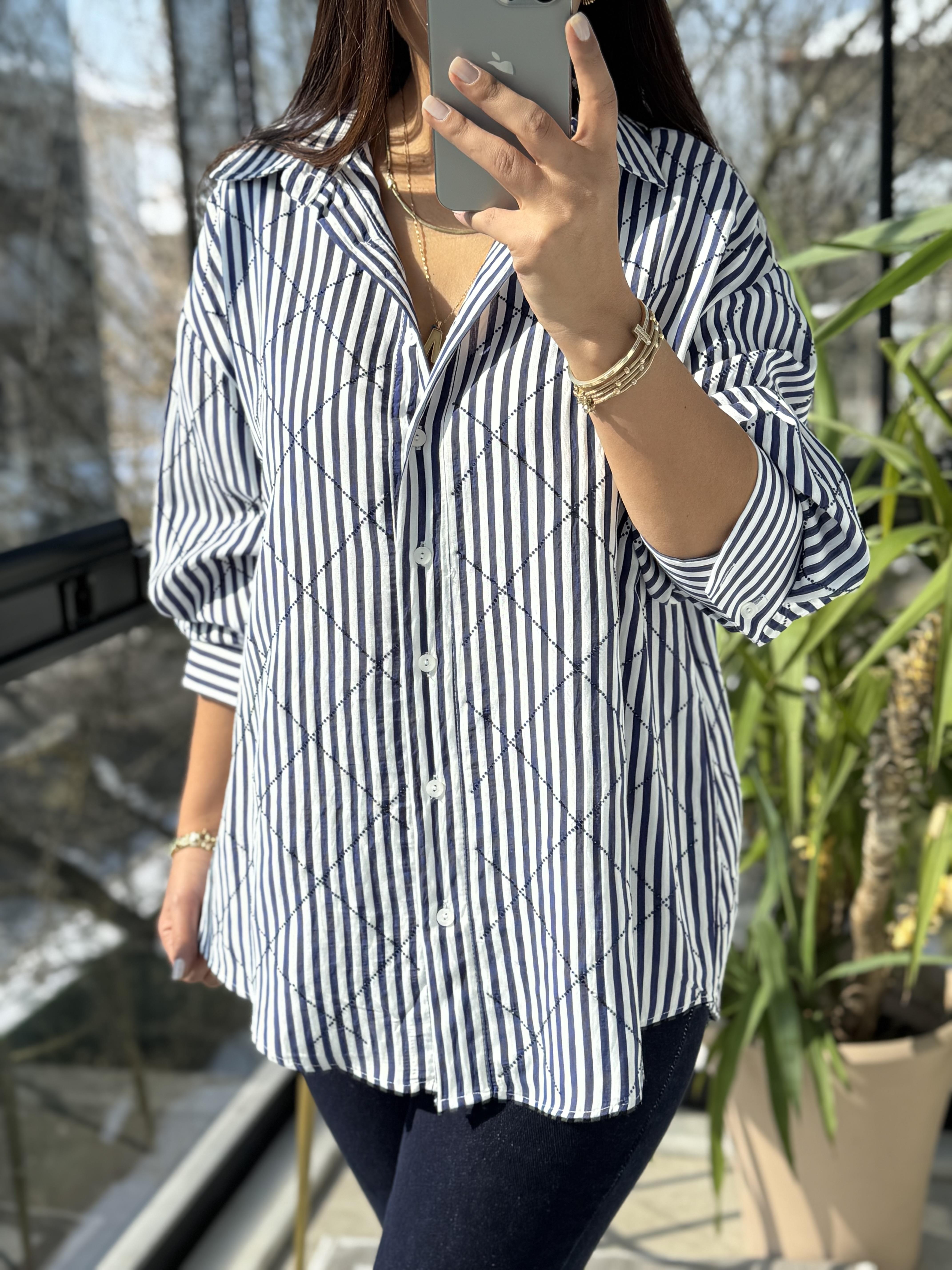 Baklava Taşlı Çizgili Oversize Gömlek Lacivert