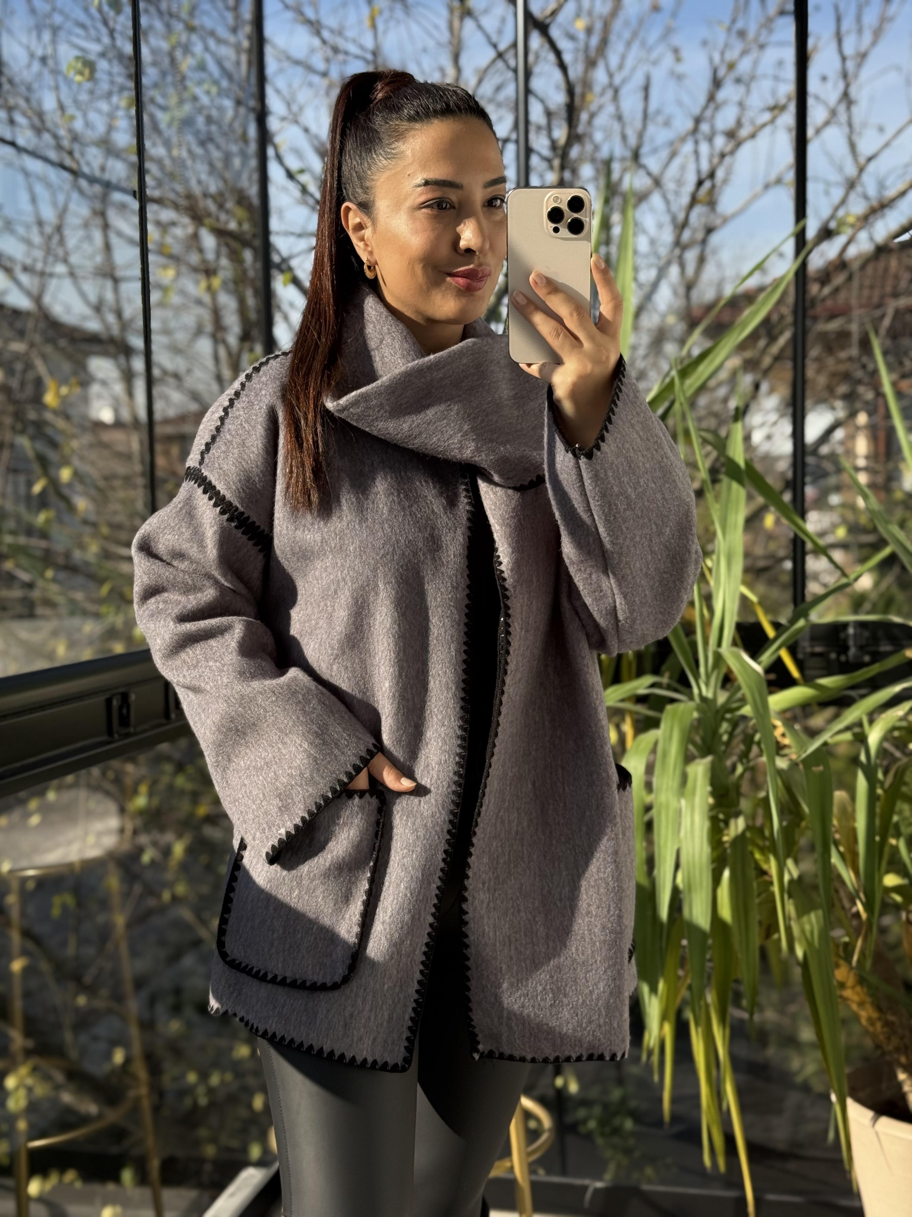 Şal Yaka Kaşe Kimono Ceket Gri