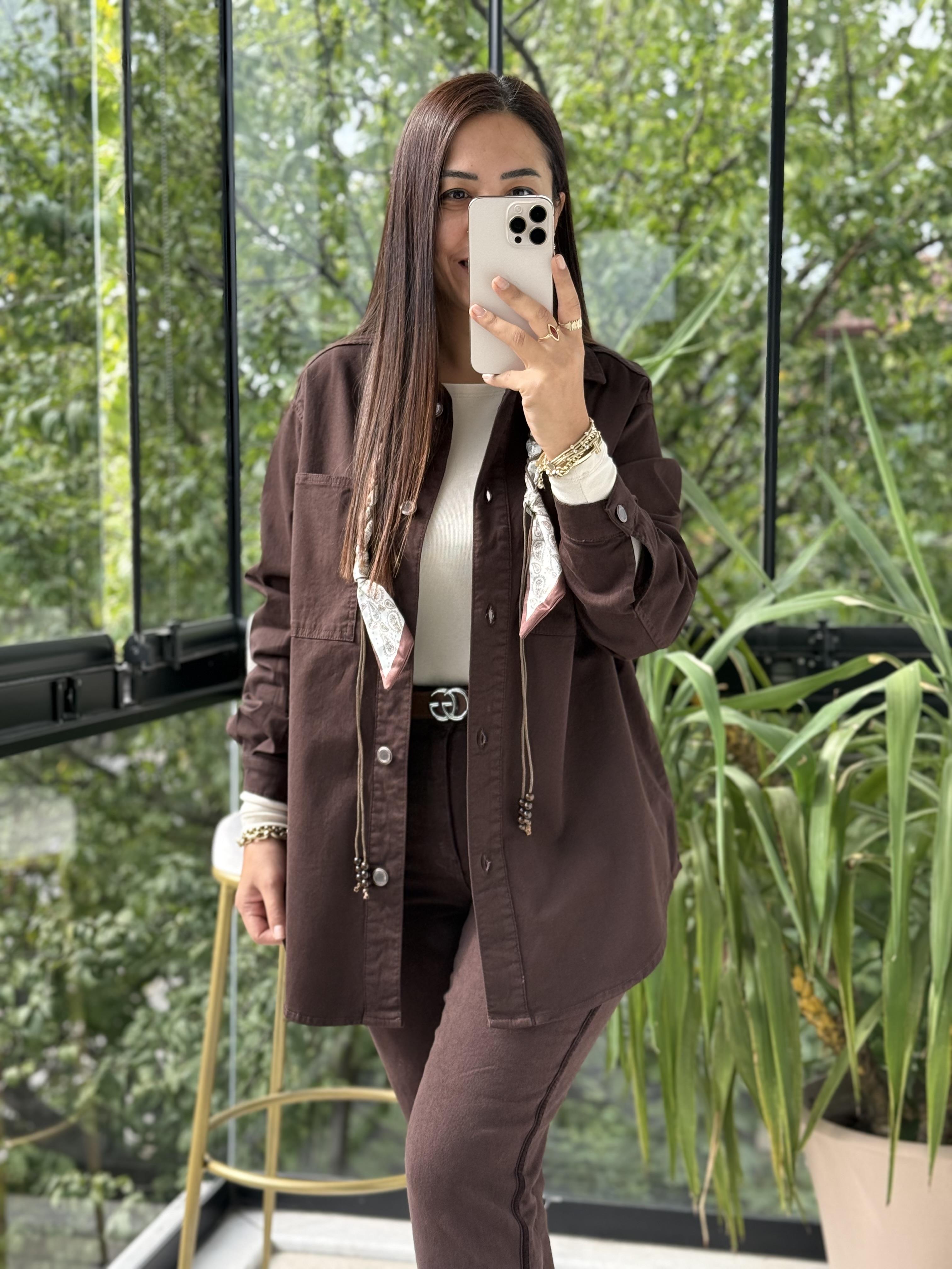 Düğmeli Oversize Gömlek Kahve