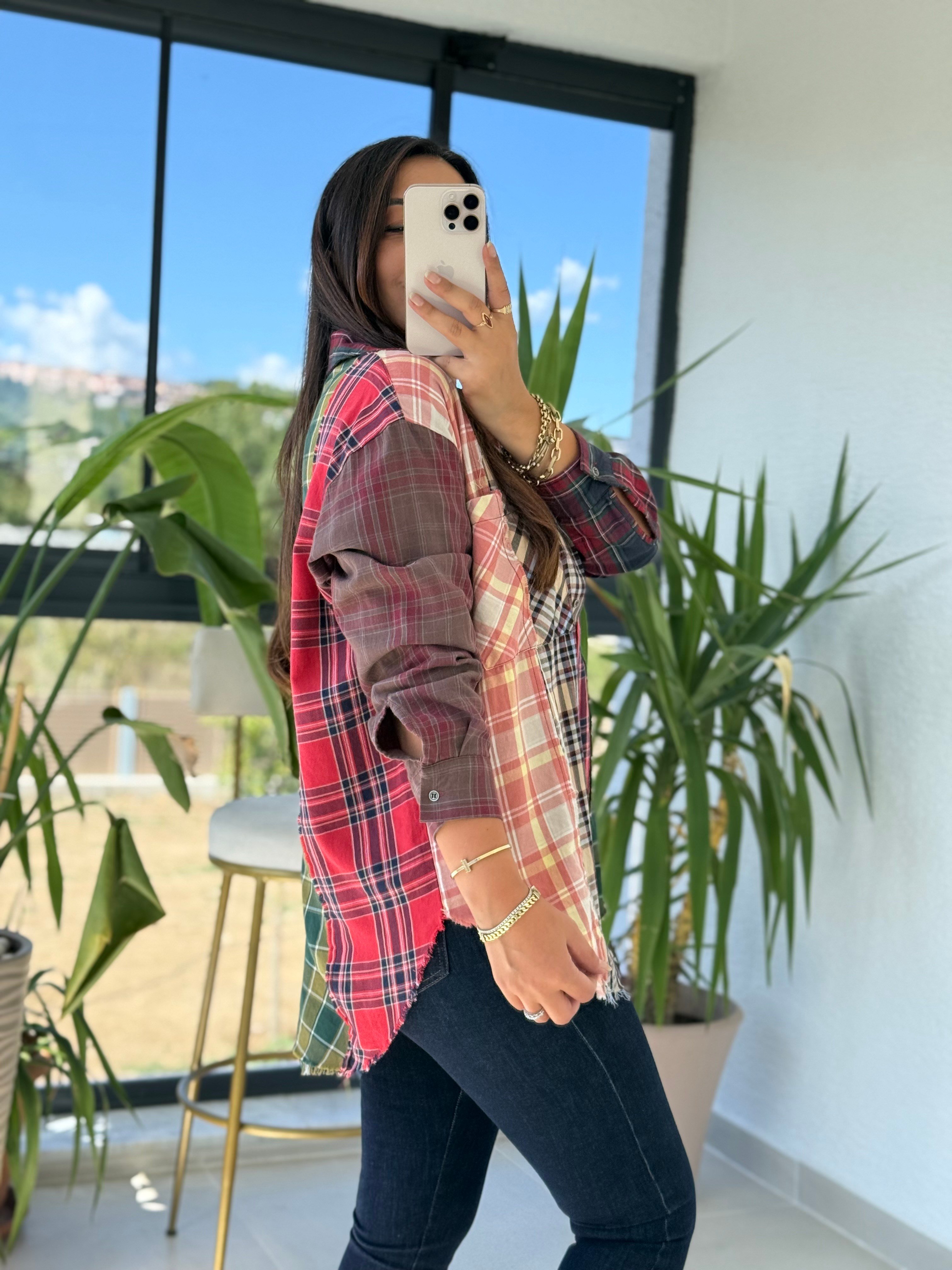 Parçalı Ekoseli Renkli Gömlek Kırmızı