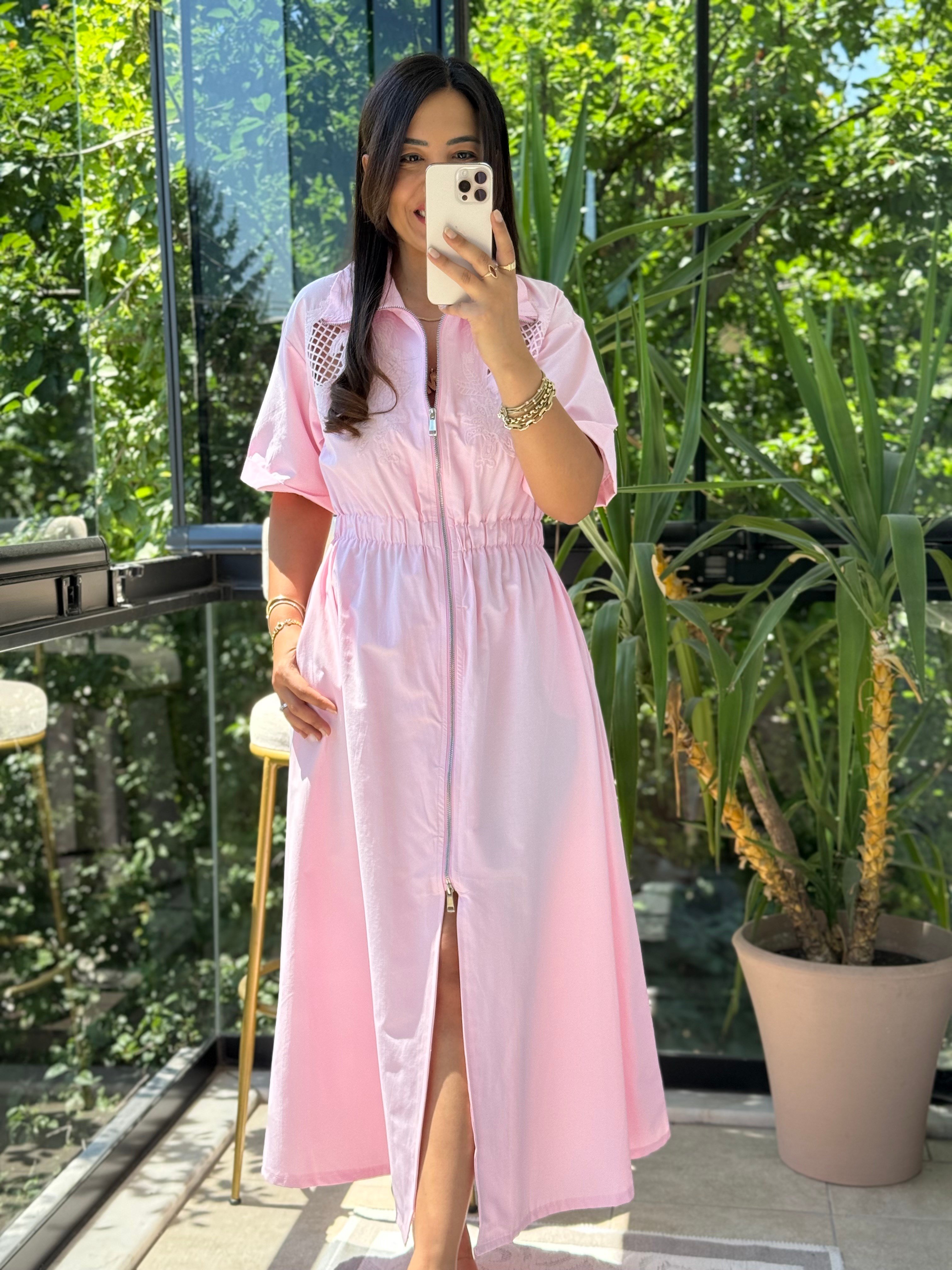 Nakışlı Fermuar Detaylı Elbise Pembe