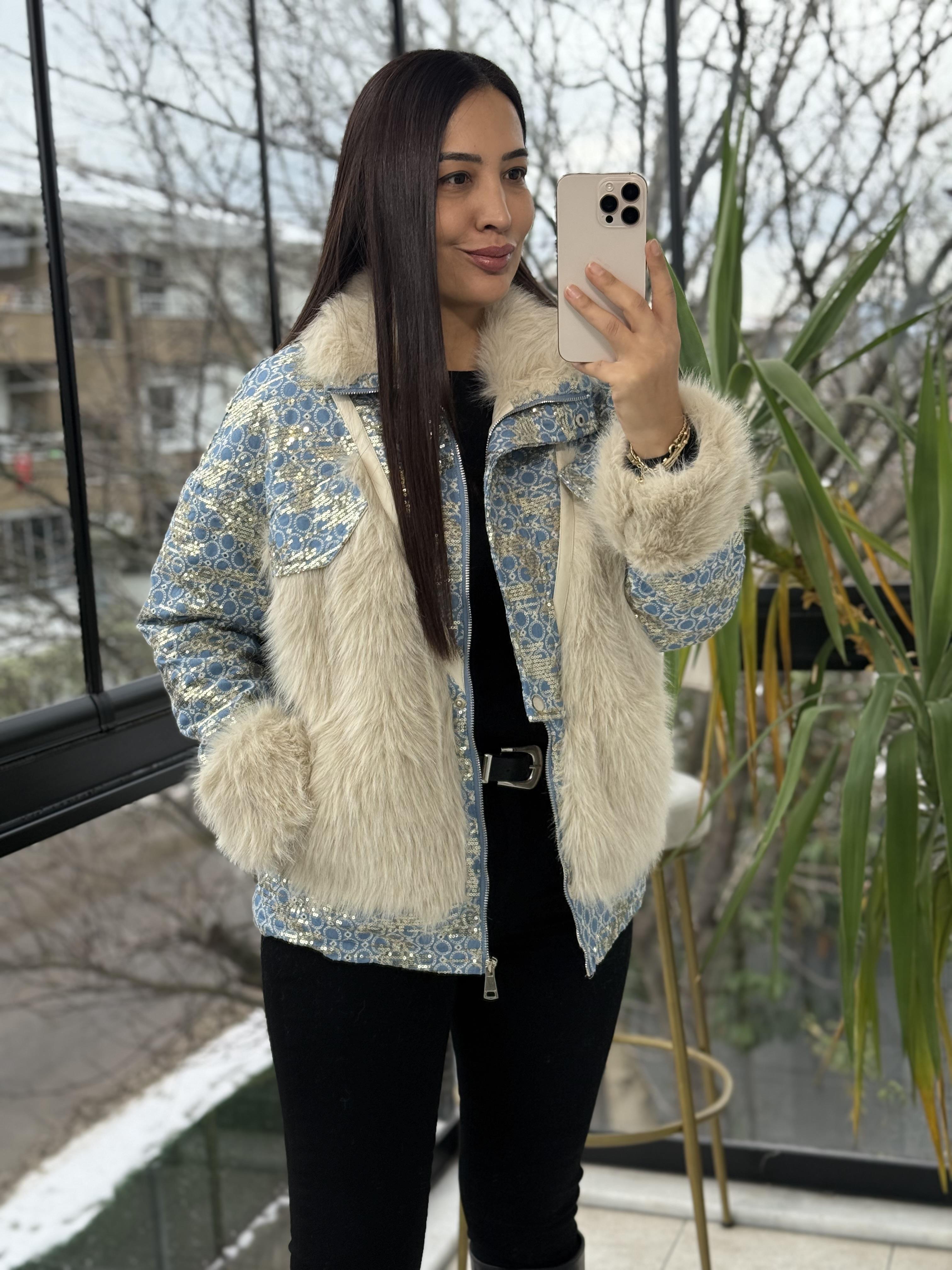 İthal Deri Şeritli Payetli Kürk Bebe Mavi