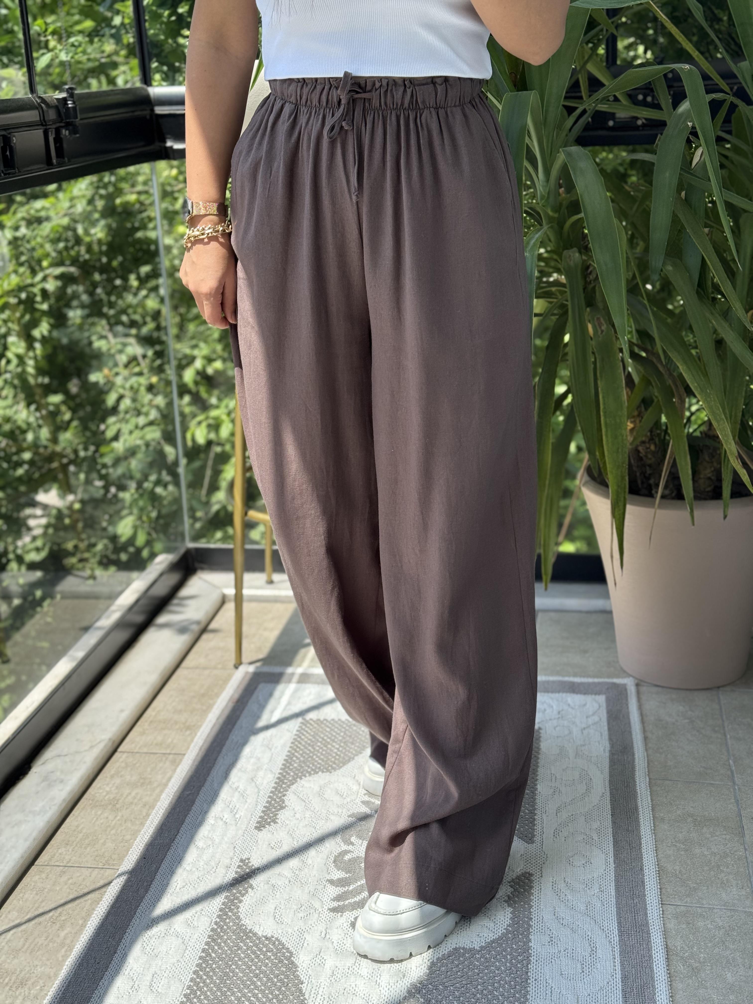 Beli Lastikli Palazzo Pantolon Kahve