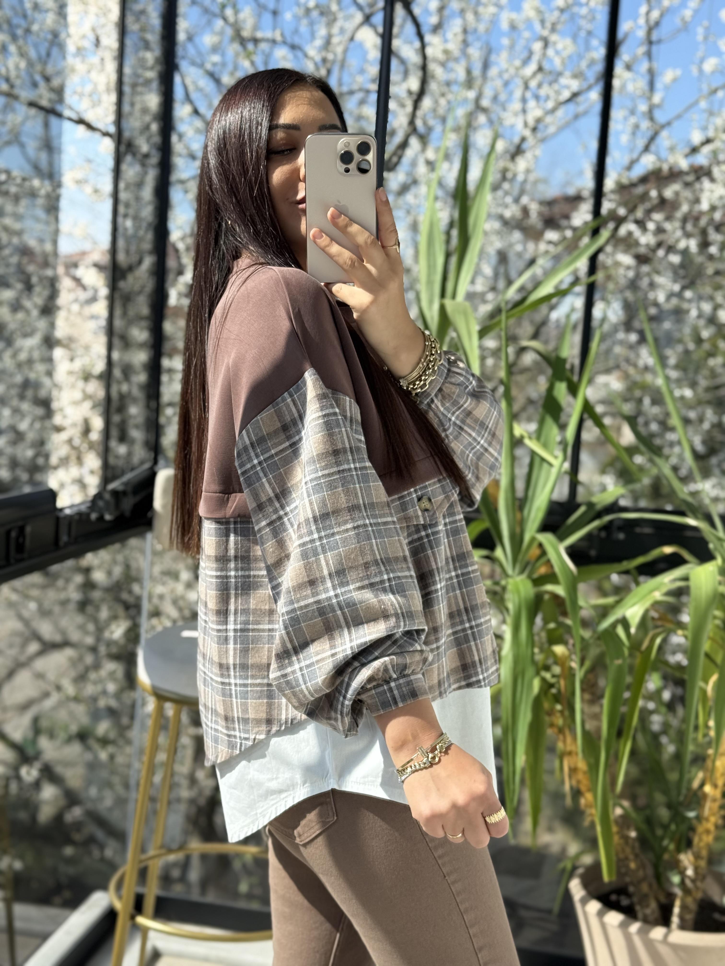 Mix kumaş Sweat Gömlek Kahve