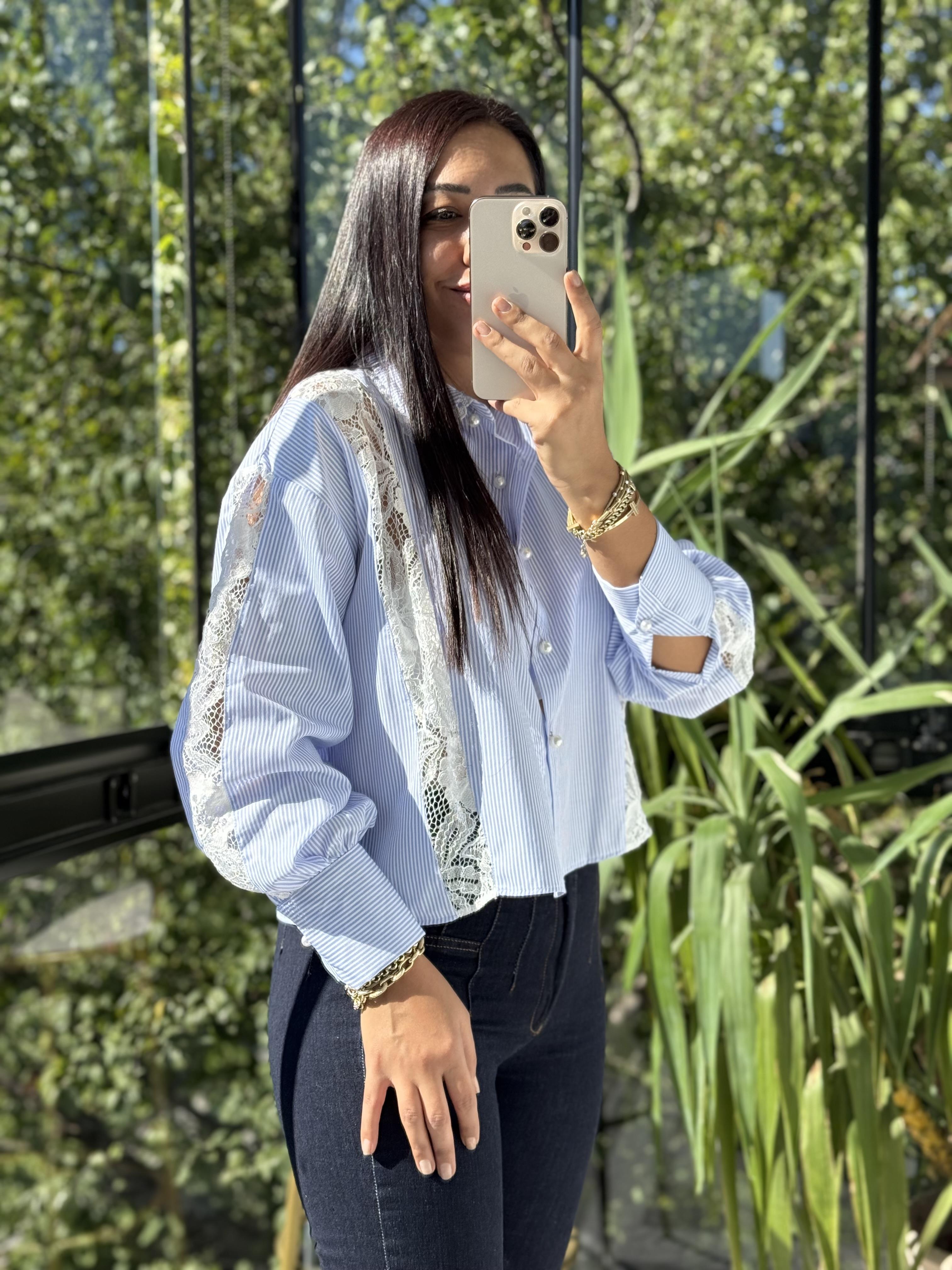 Güpür Mix İnci Düğmeli Gömlek Mavi