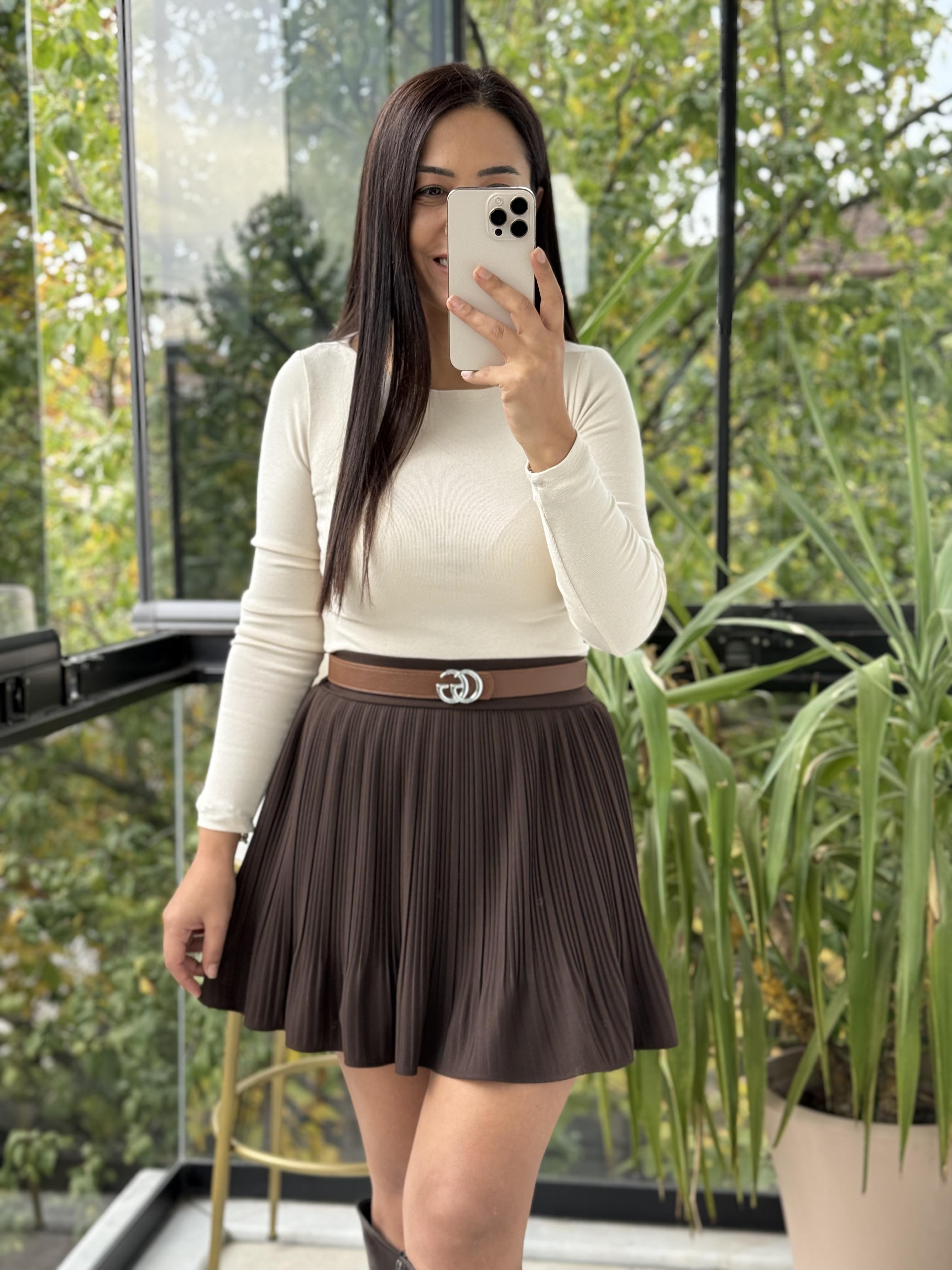 Piliseli Beli Lastikli Etek Kahve