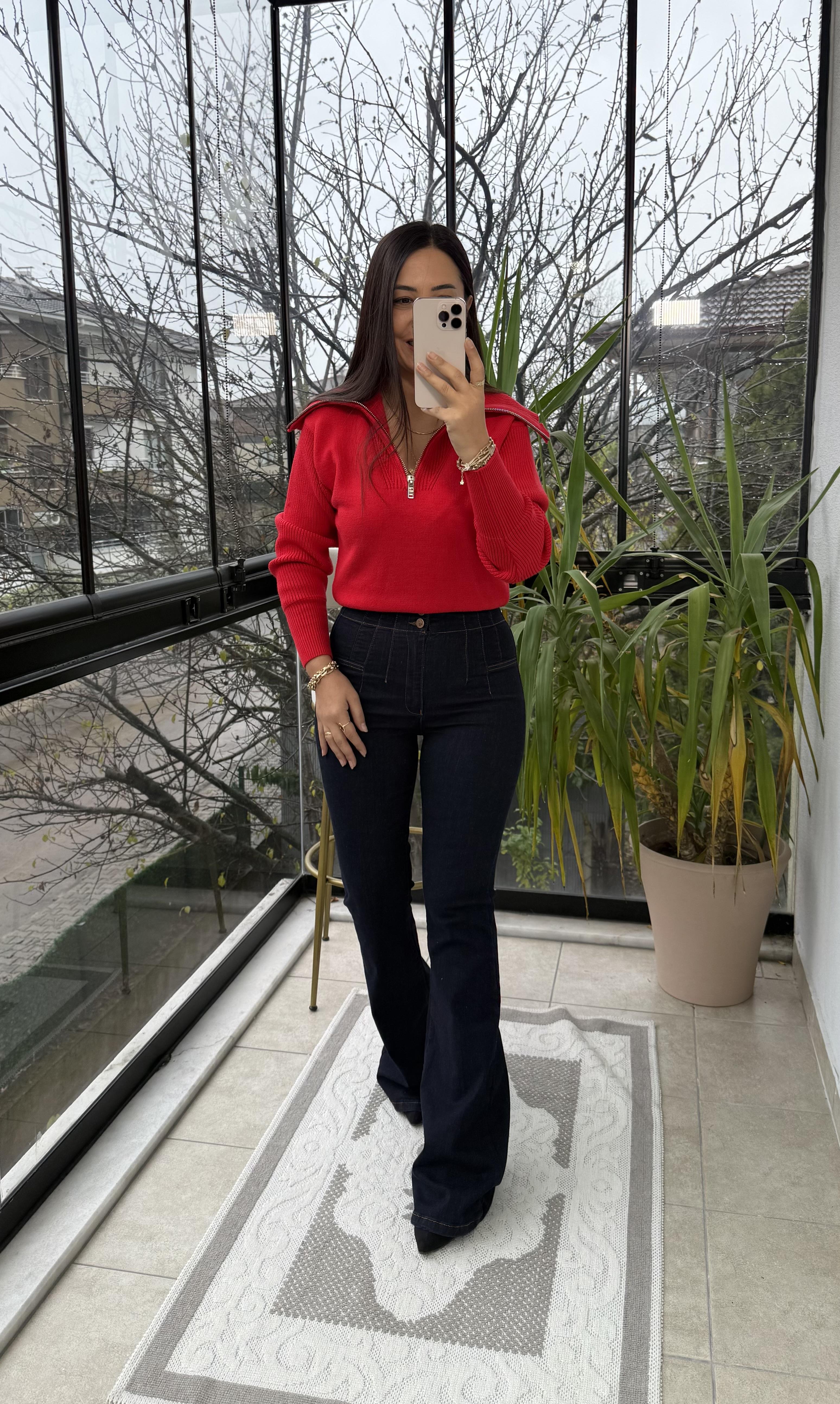 Fermuarlı Crop Triko Kazak Kırmızı