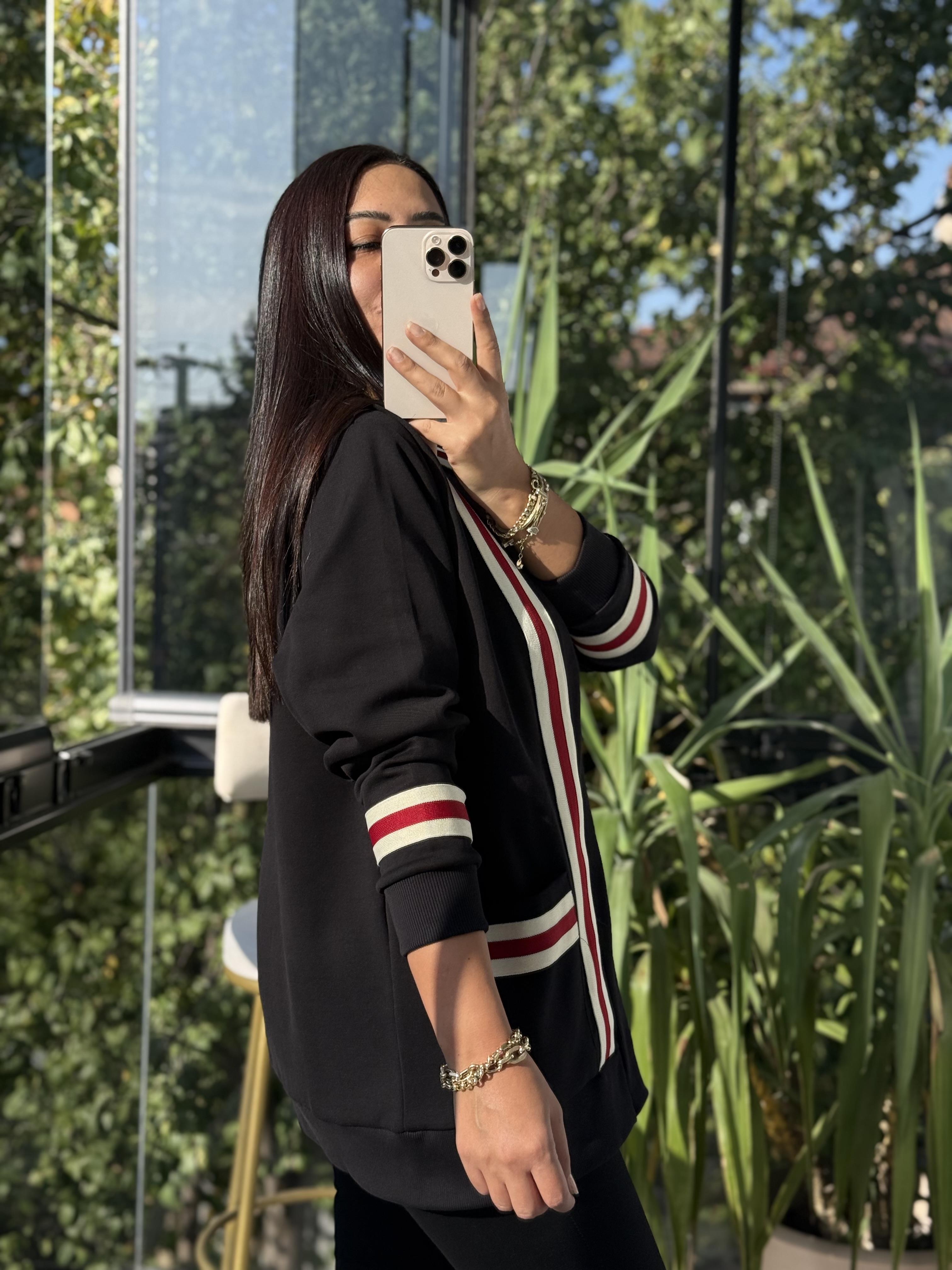 Tiktak Şeritli İnterlok Hırka Siyah