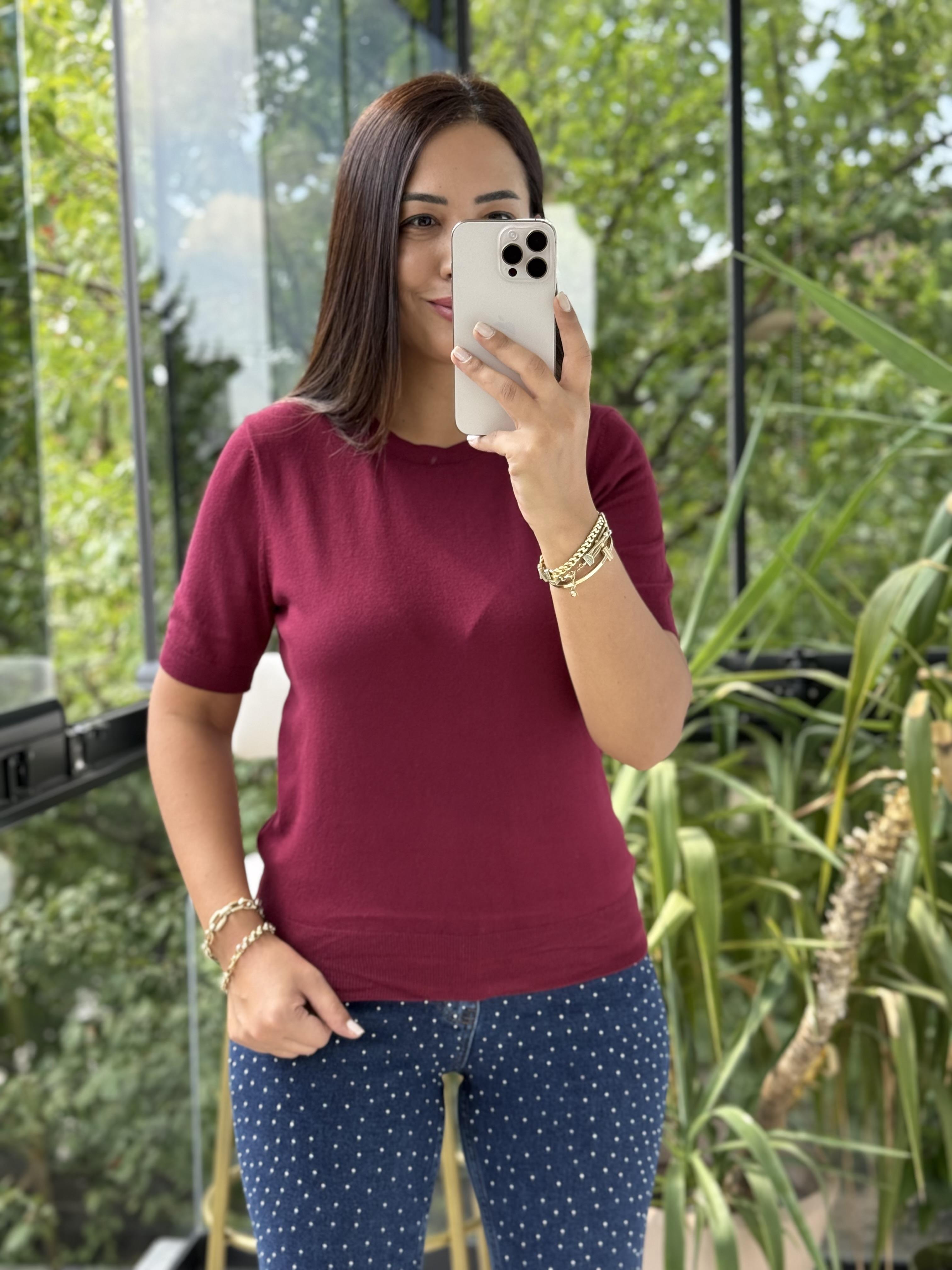 Bisiklet Yaka Kısa Kol Basic Triko Bluz Bordo