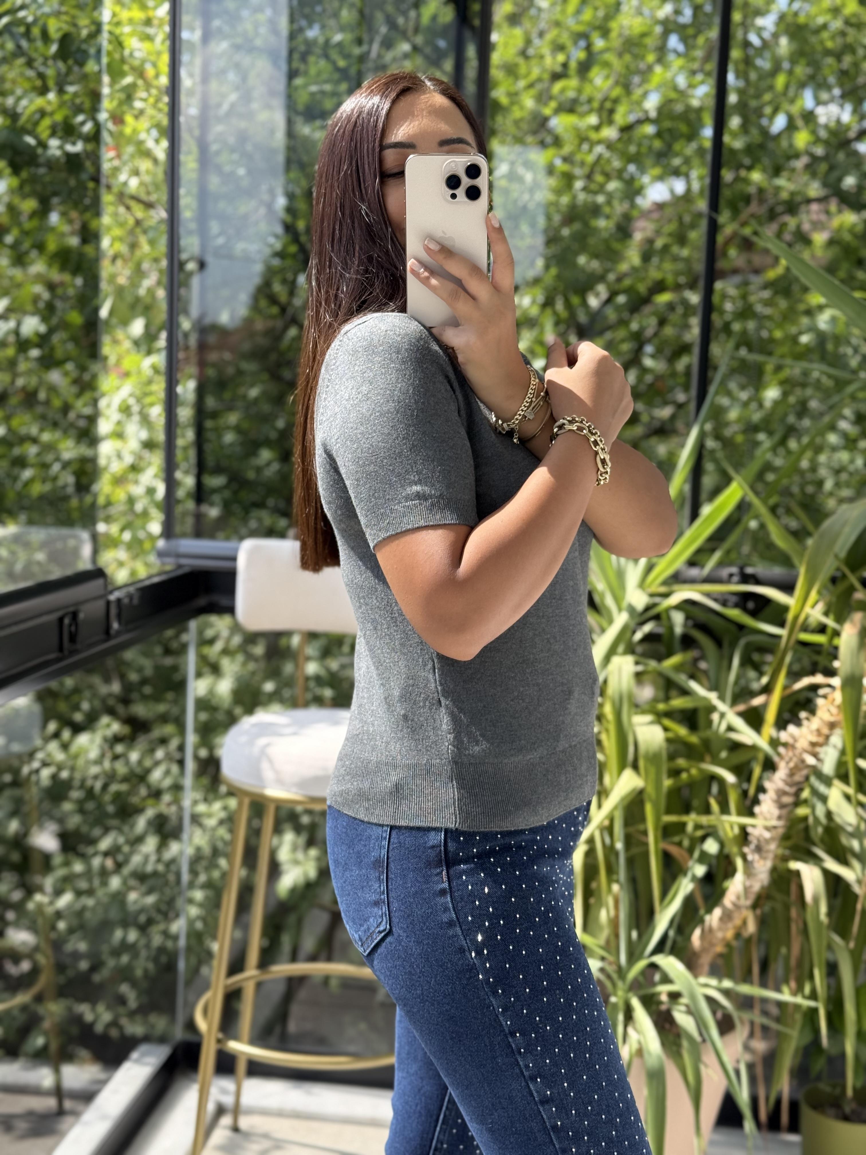 Bisiklet Yaka Kısa Kol Basic Triko Bluz Füme