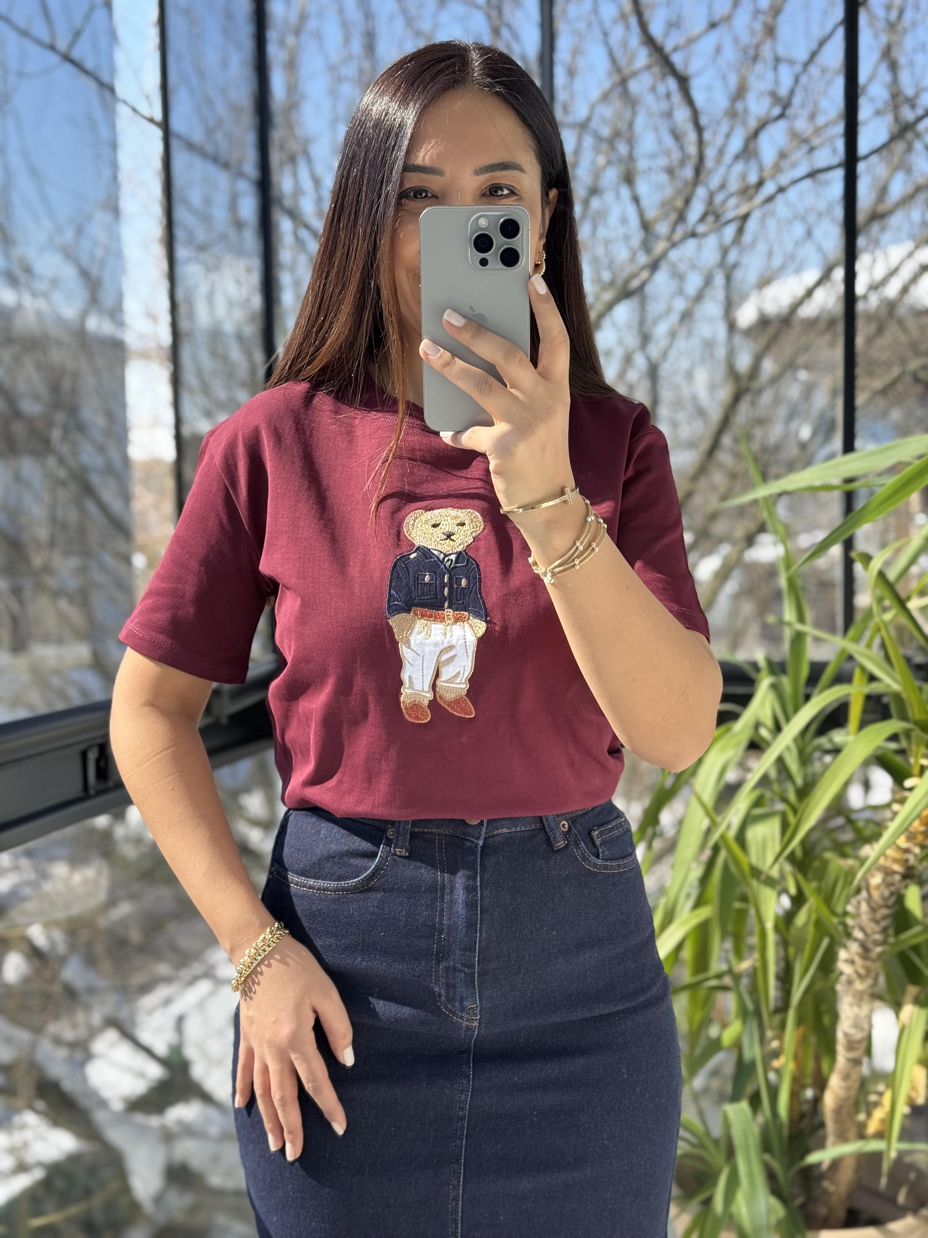 Bisiklet Yaka Teddy Tişört Bordo 