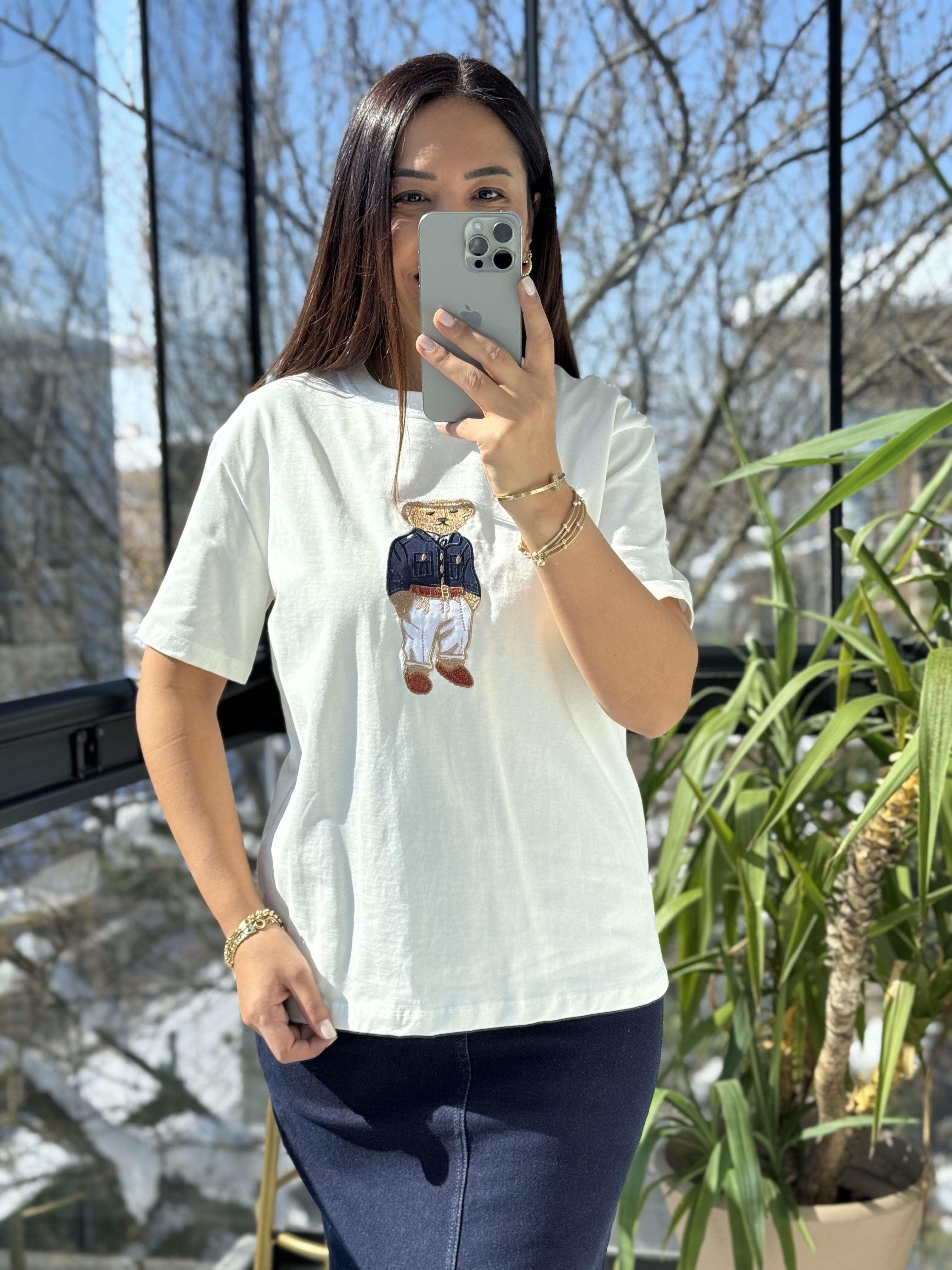 Bisiklet Yaka Teddy Tişört Ekru