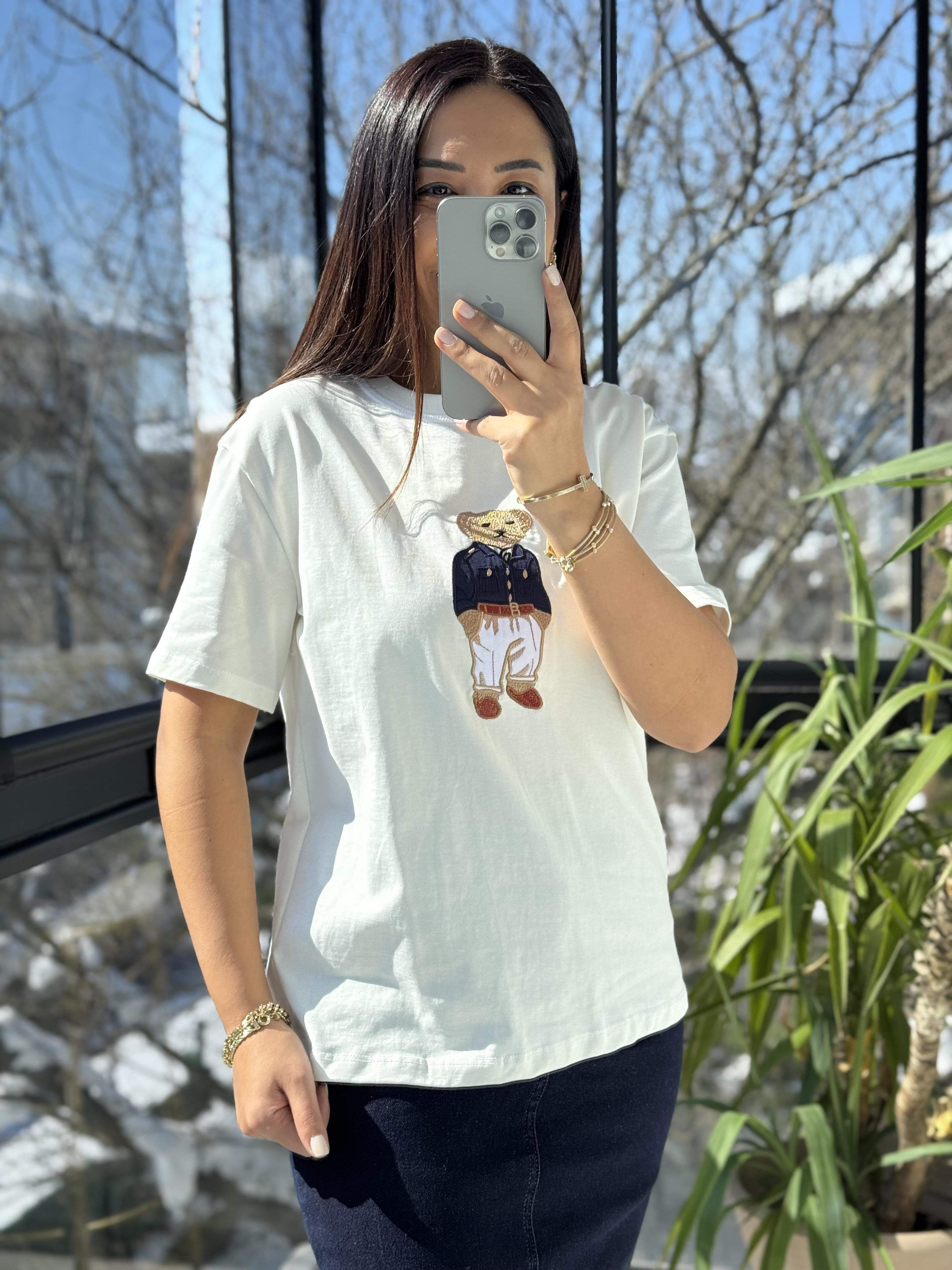 Bisiklet Yaka Teddy Tişört Ekru