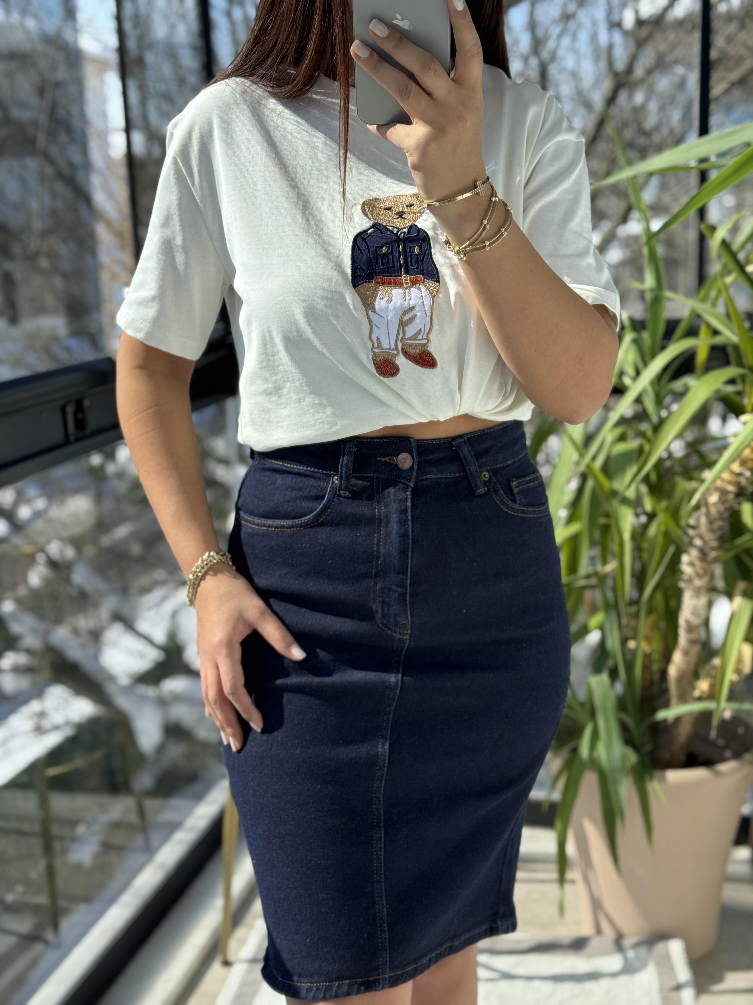 Bisiklet Yaka Teddy Tişört Ekru