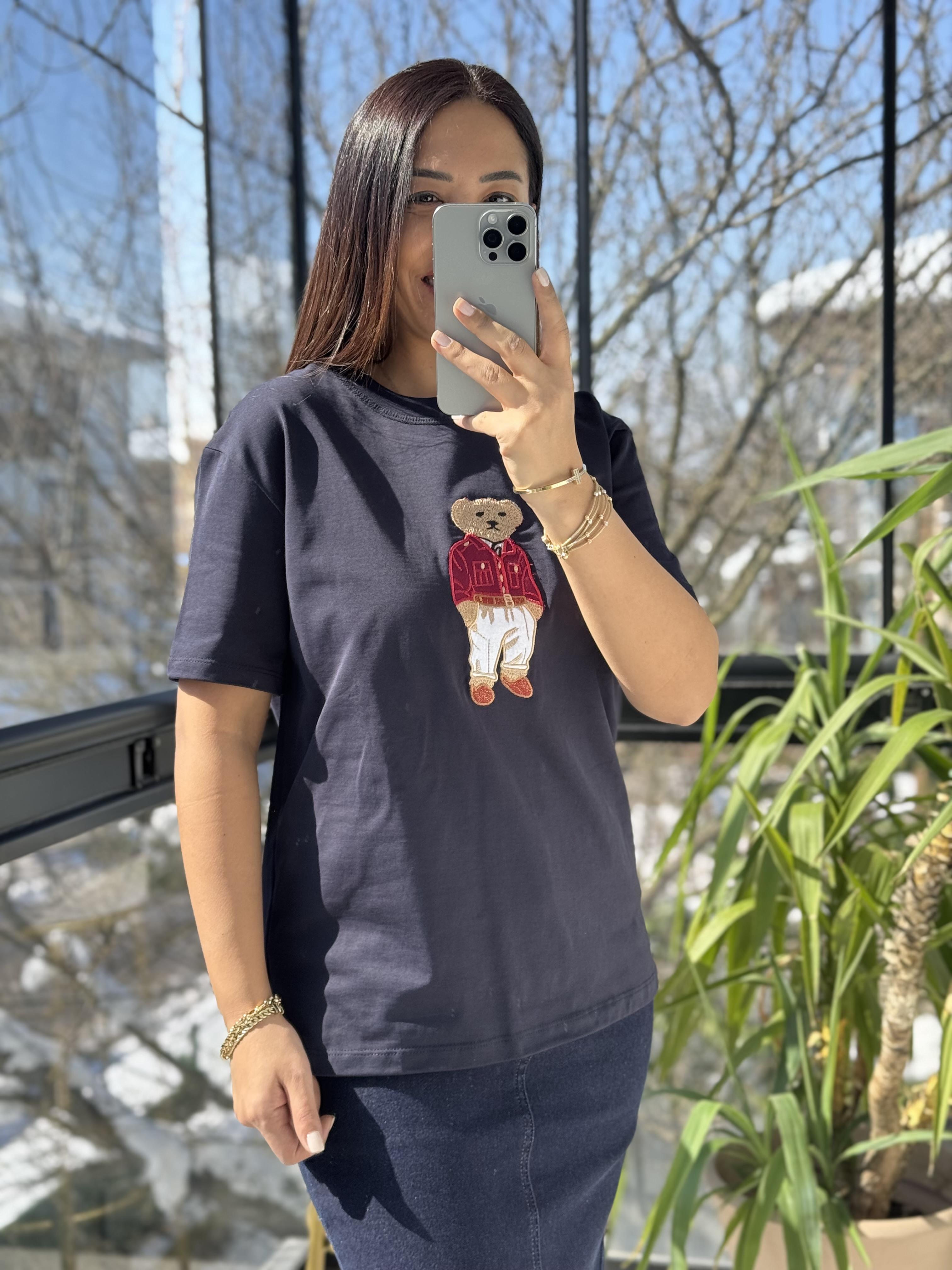 Bisiklet Yaka Teddy Tişört Lacivert