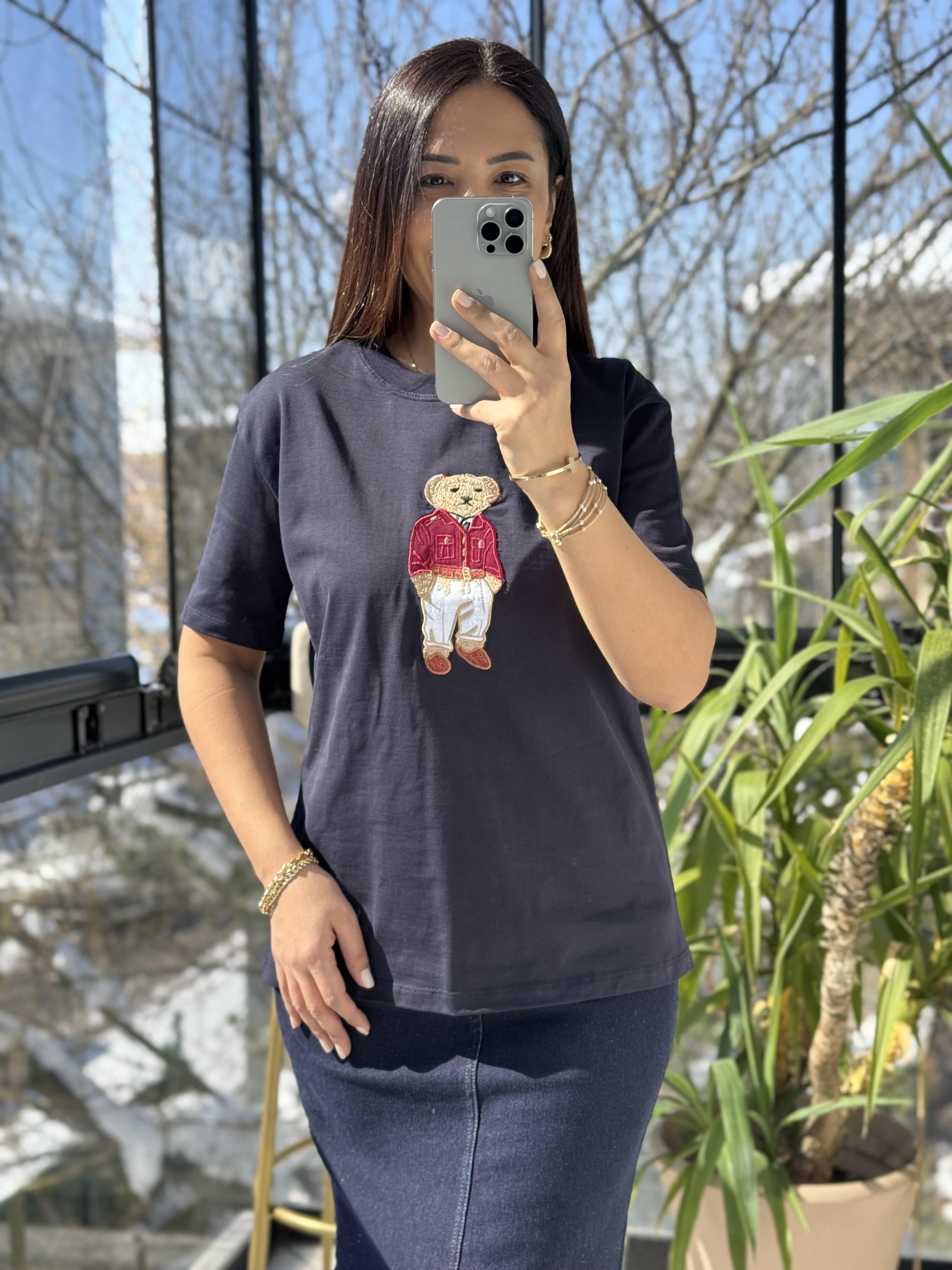 Bisiklet Yaka Teddy Tişört Lacivert