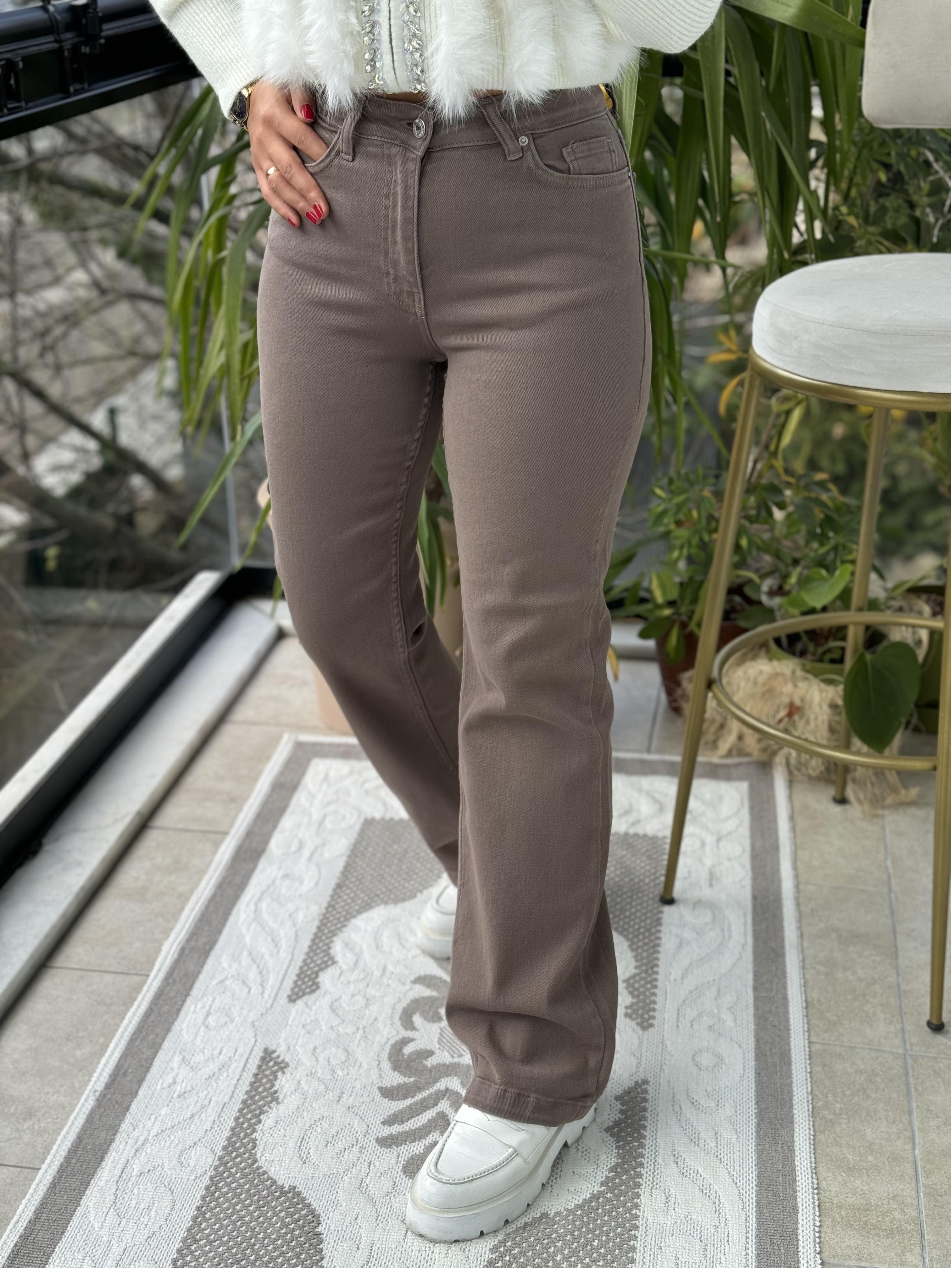 Bol Paça Relax Kot Pantolon Koyu Vizon