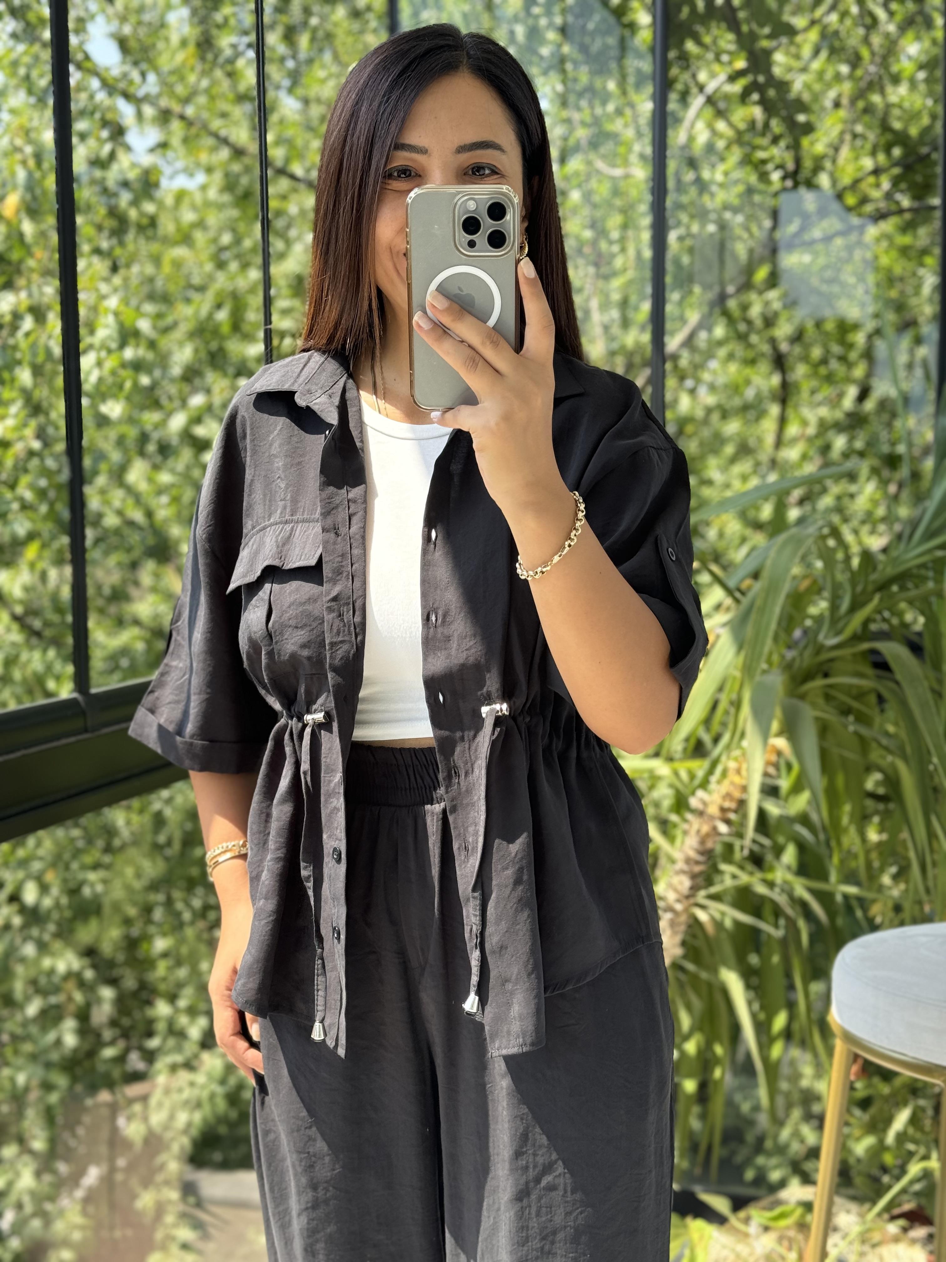 Büzgü Detaylı Tensel Takım Siyah