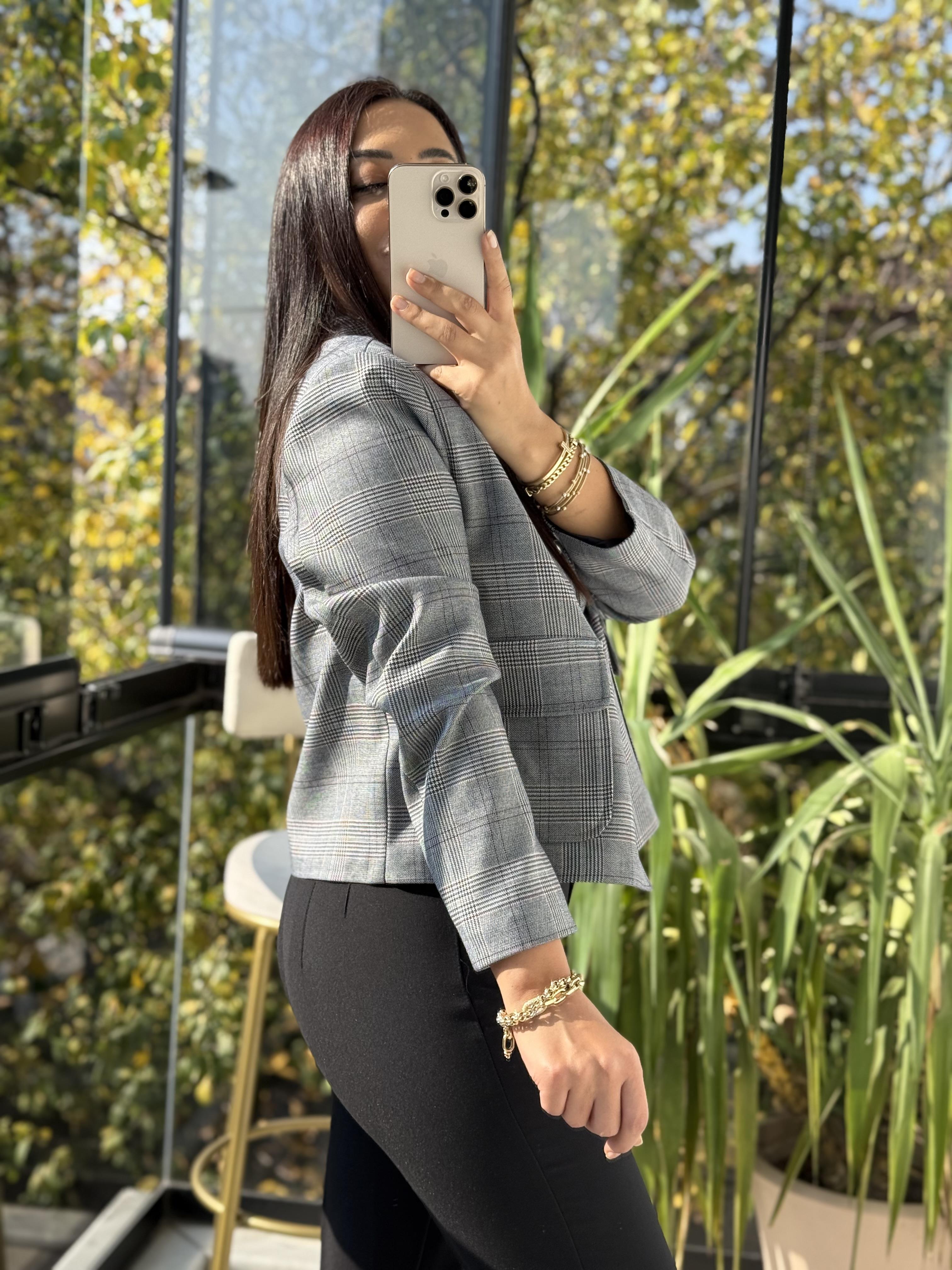 Ekose Top Düğme Crop Ceket Lacivert