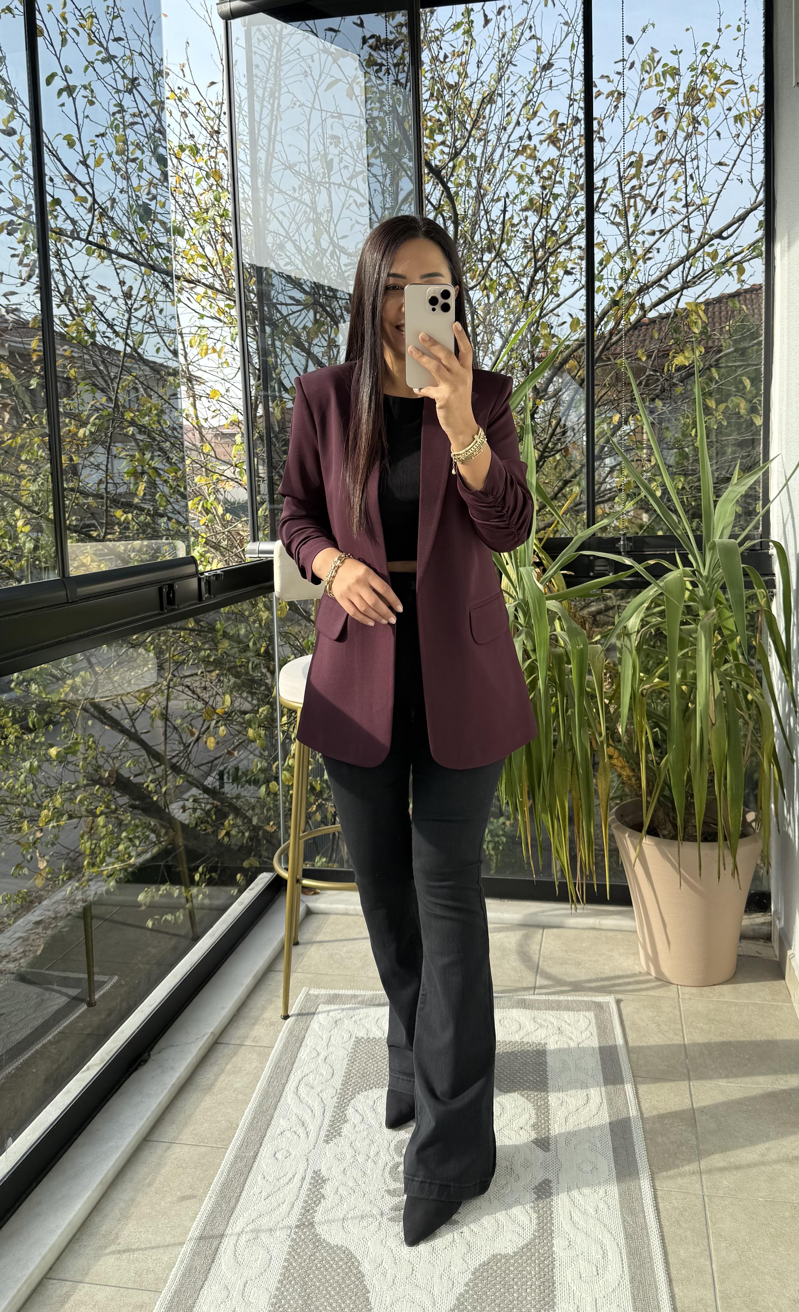 Kolu Büzgülü Blazer Ceket Mürdüm