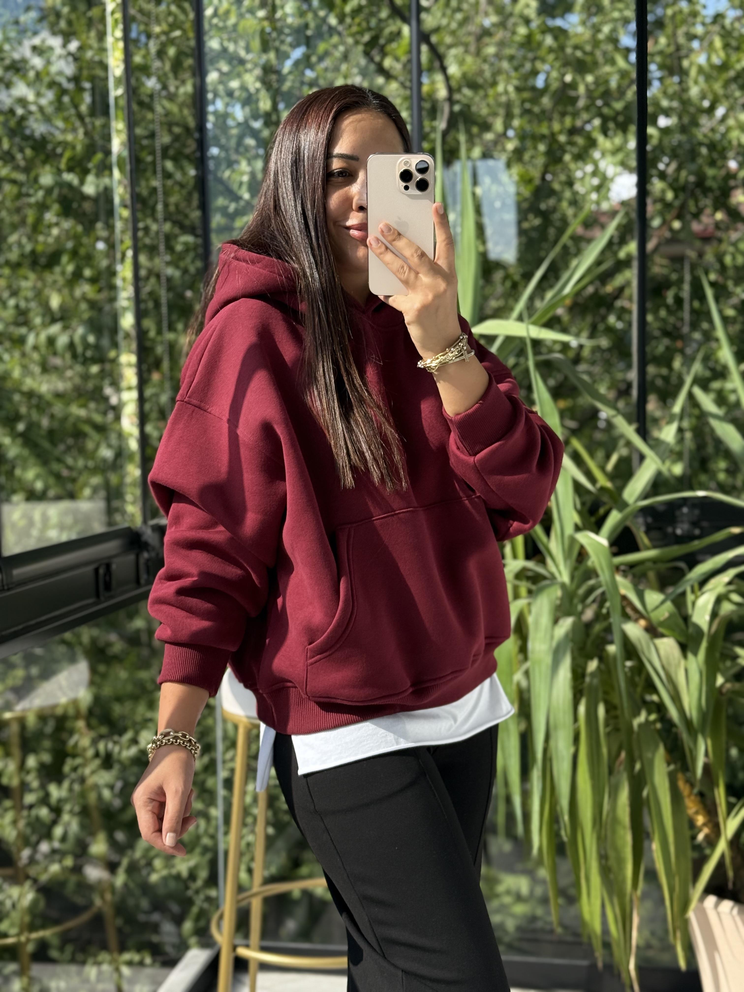 Kanguru Cep Kapşonlu Sweatshirt Bordo