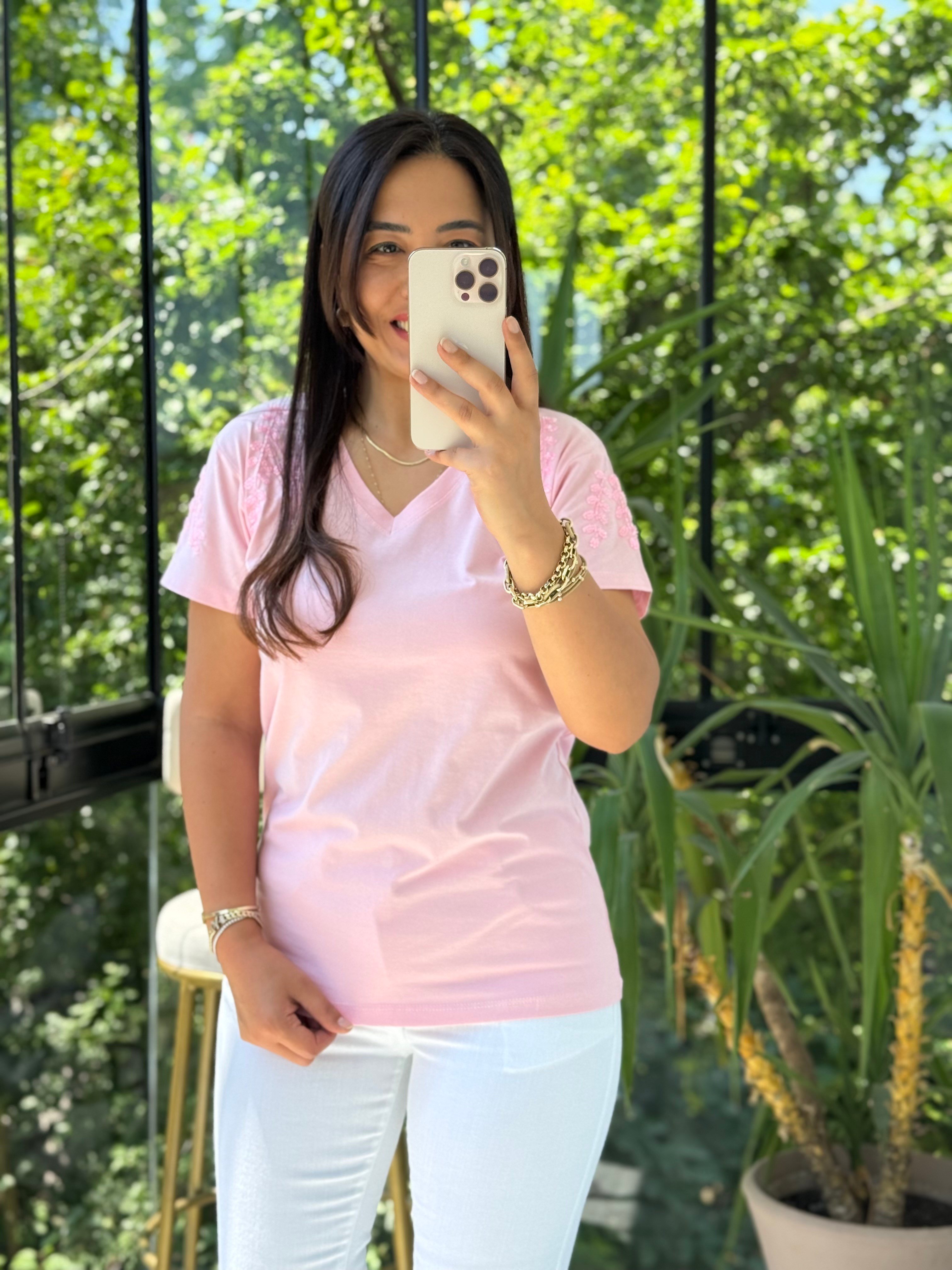 Flora Boncuk Detaylı Tişört Pembe