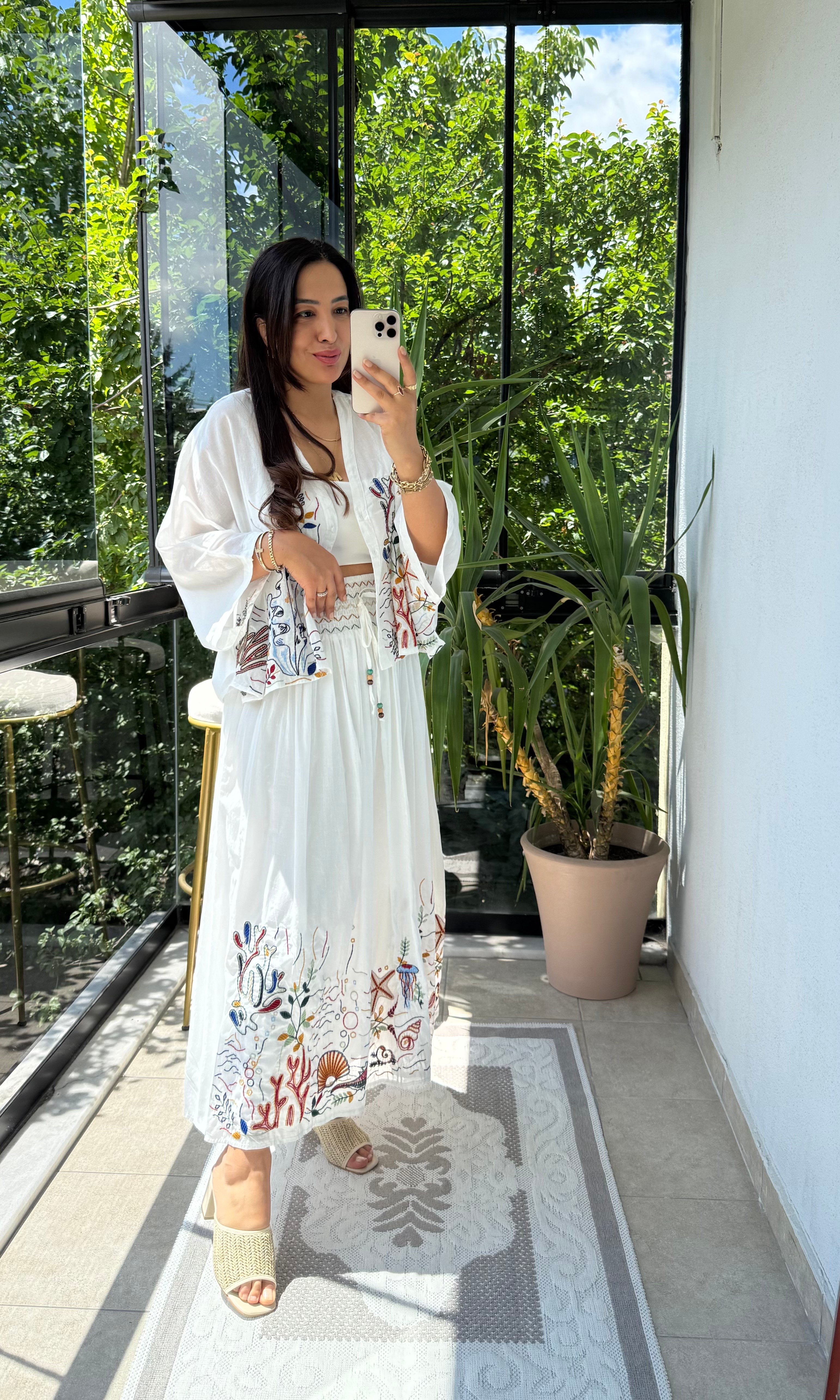 Nakış Detaylı Bolero Etekli Takım Ekru