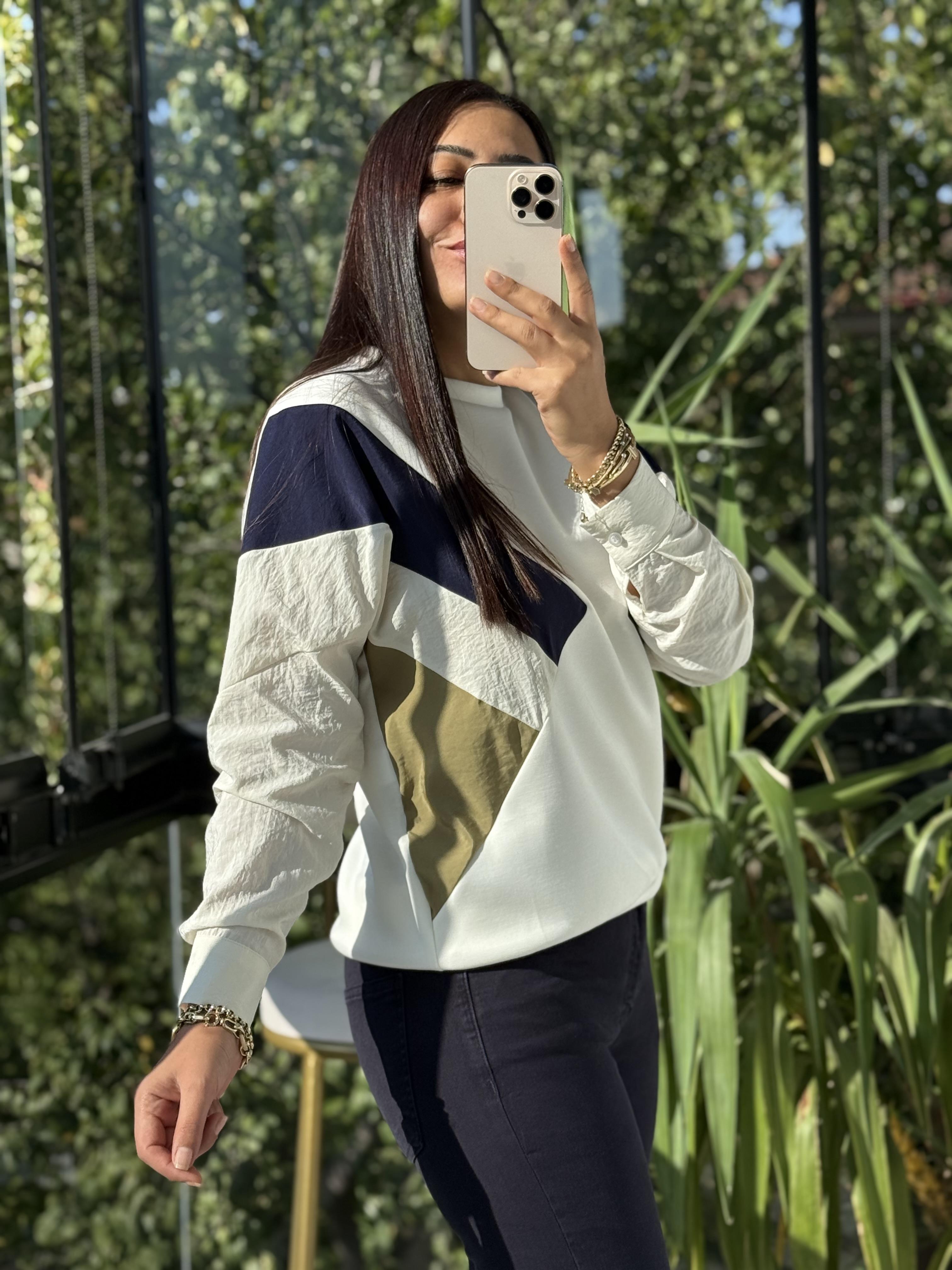 Gömlek Kol Mix Sweatshirt Beyaz