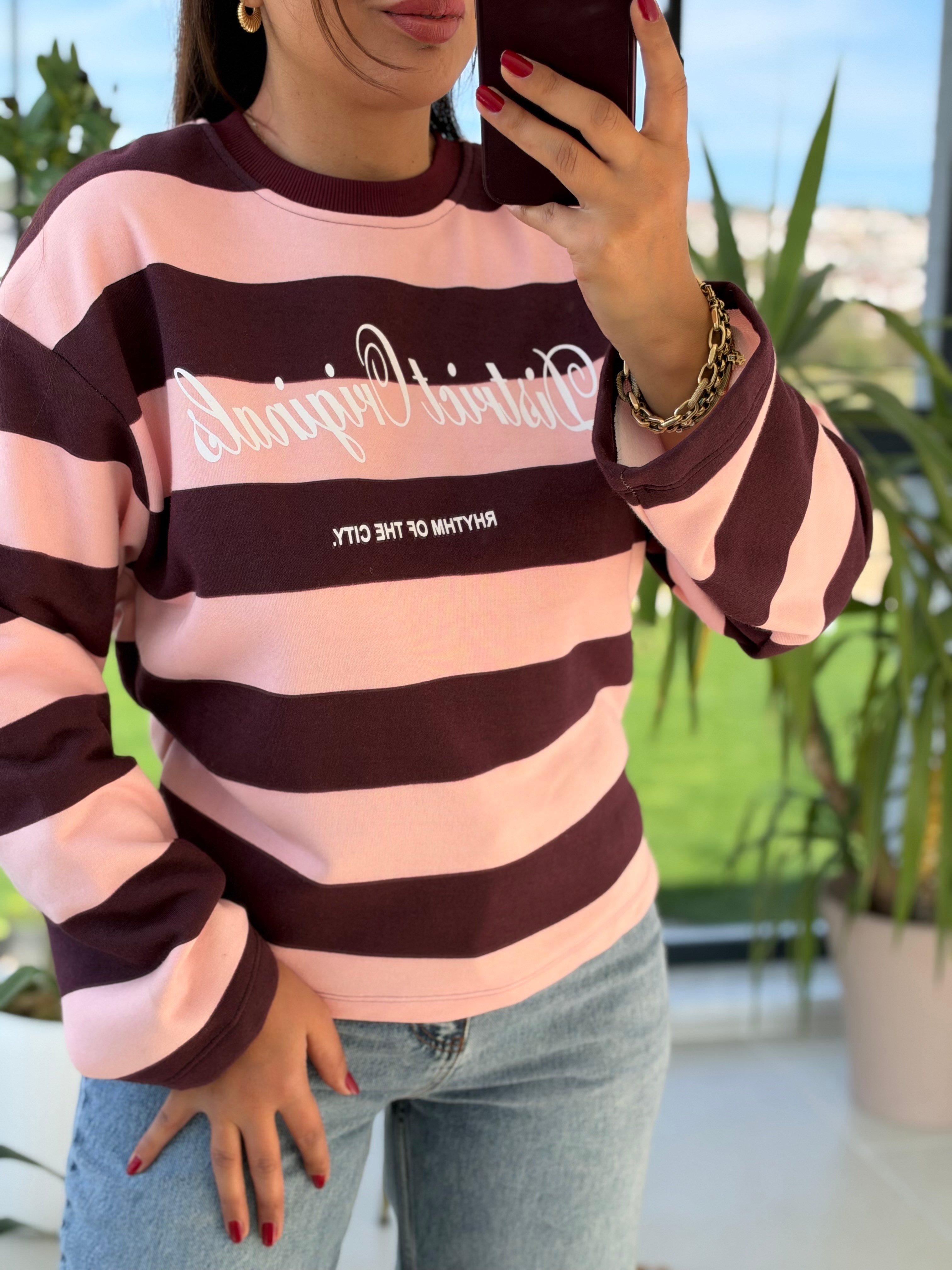 District Yazılı Çizgili Sweatshirtt Pembe