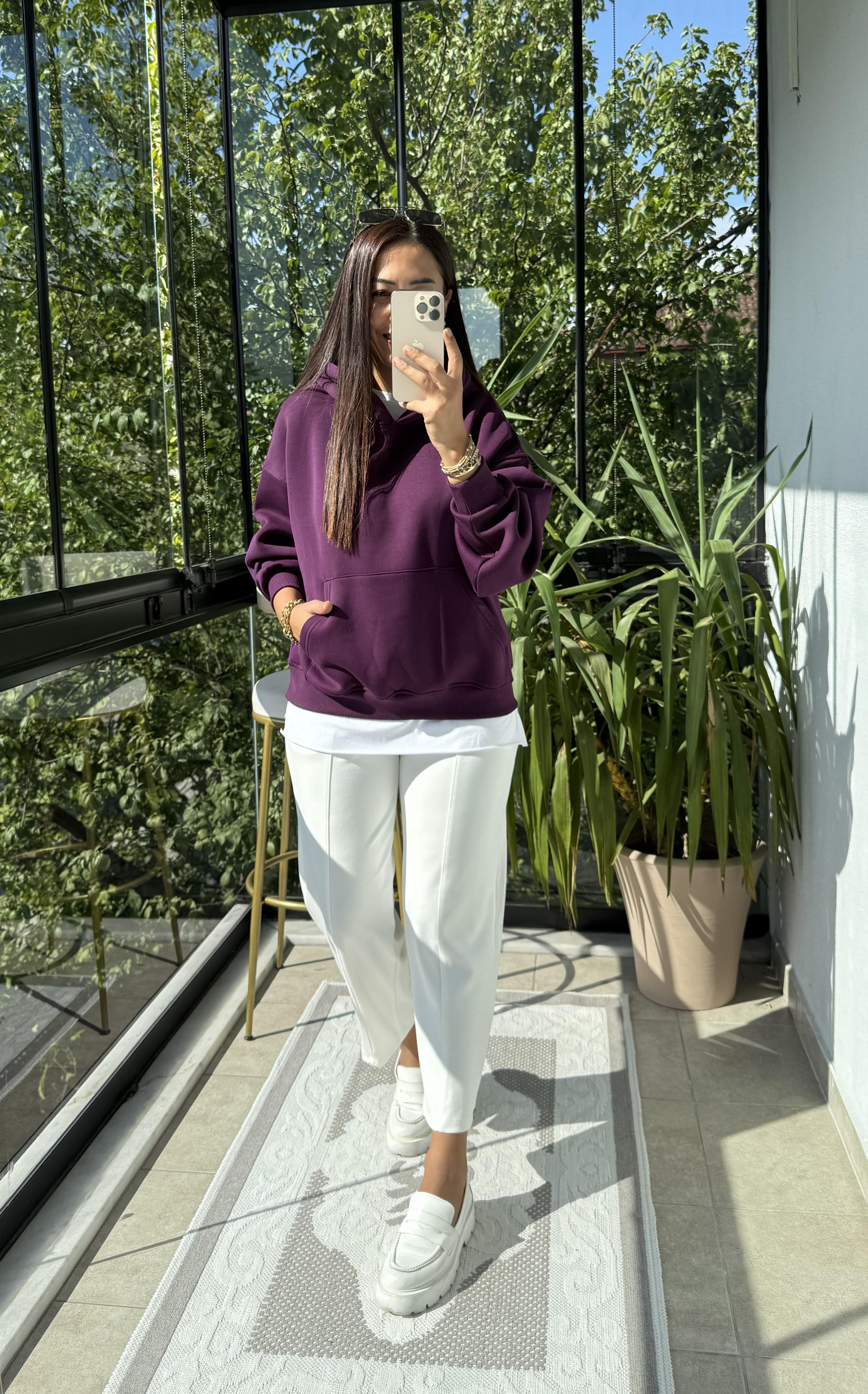 Kanguru Cep Kapşonlu Sweatshirt Mürdüm