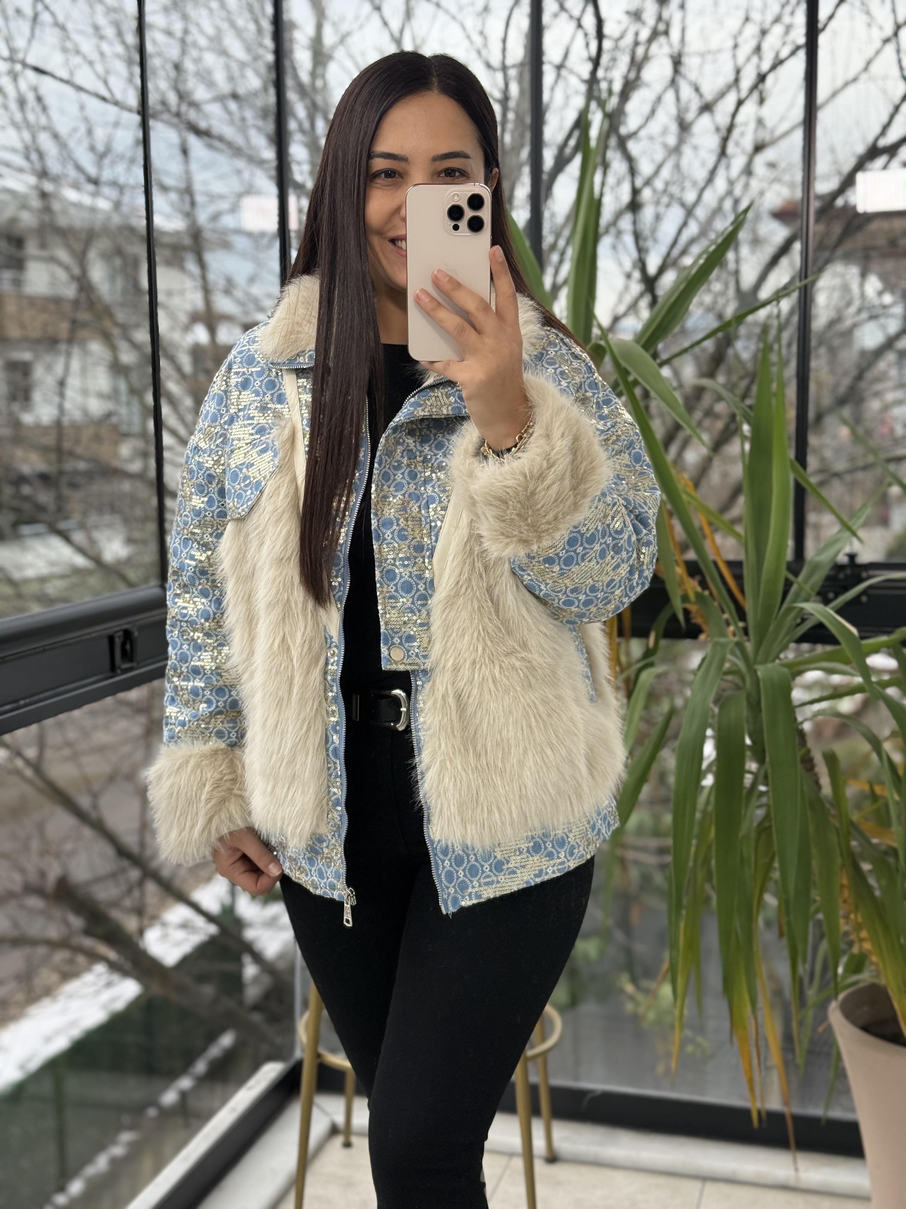 İthal Deri Şeritli Payetli Kürk Bebe Mavi