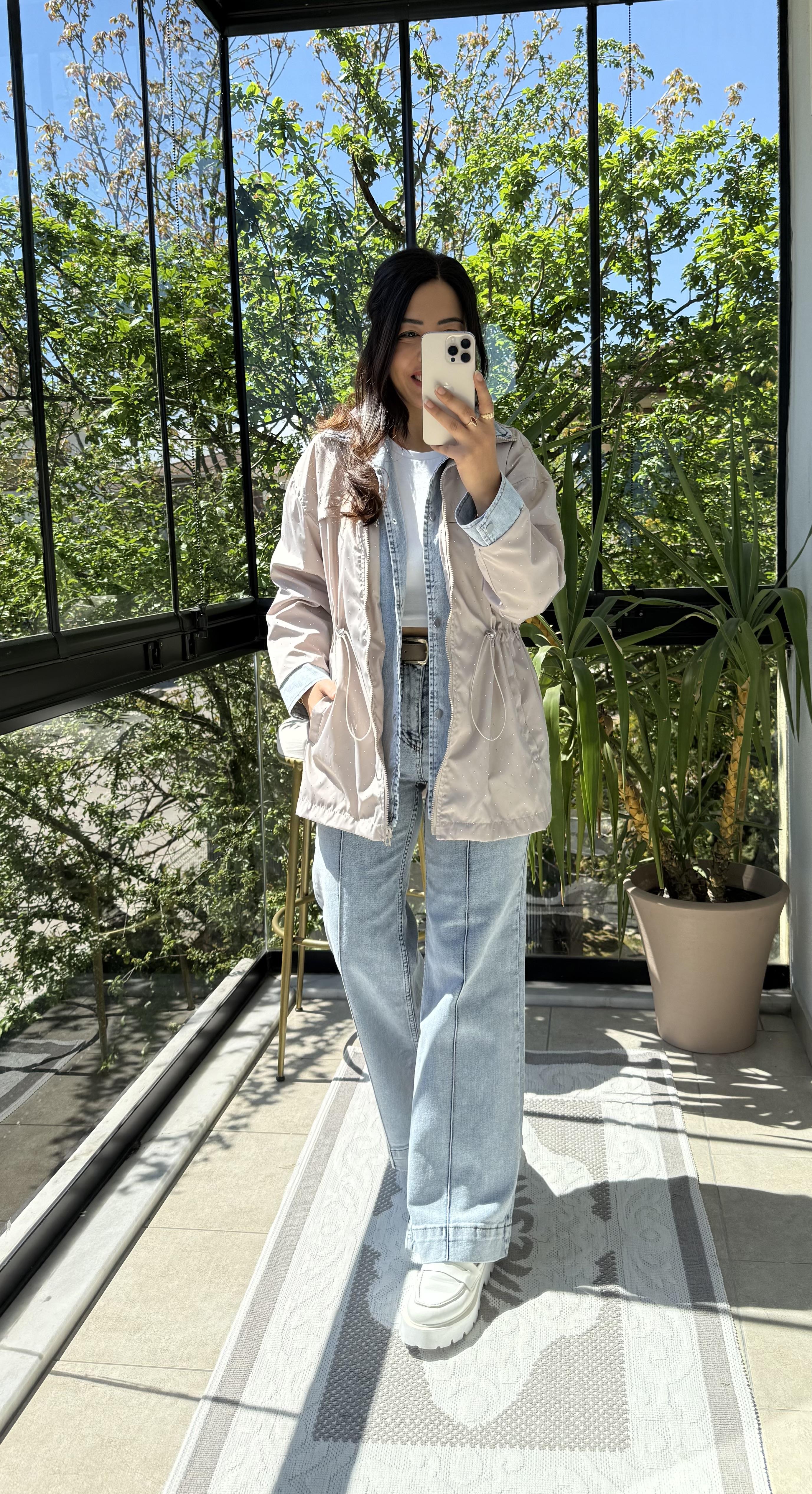 Glitiery Denim Mix Ceket Açık Bej