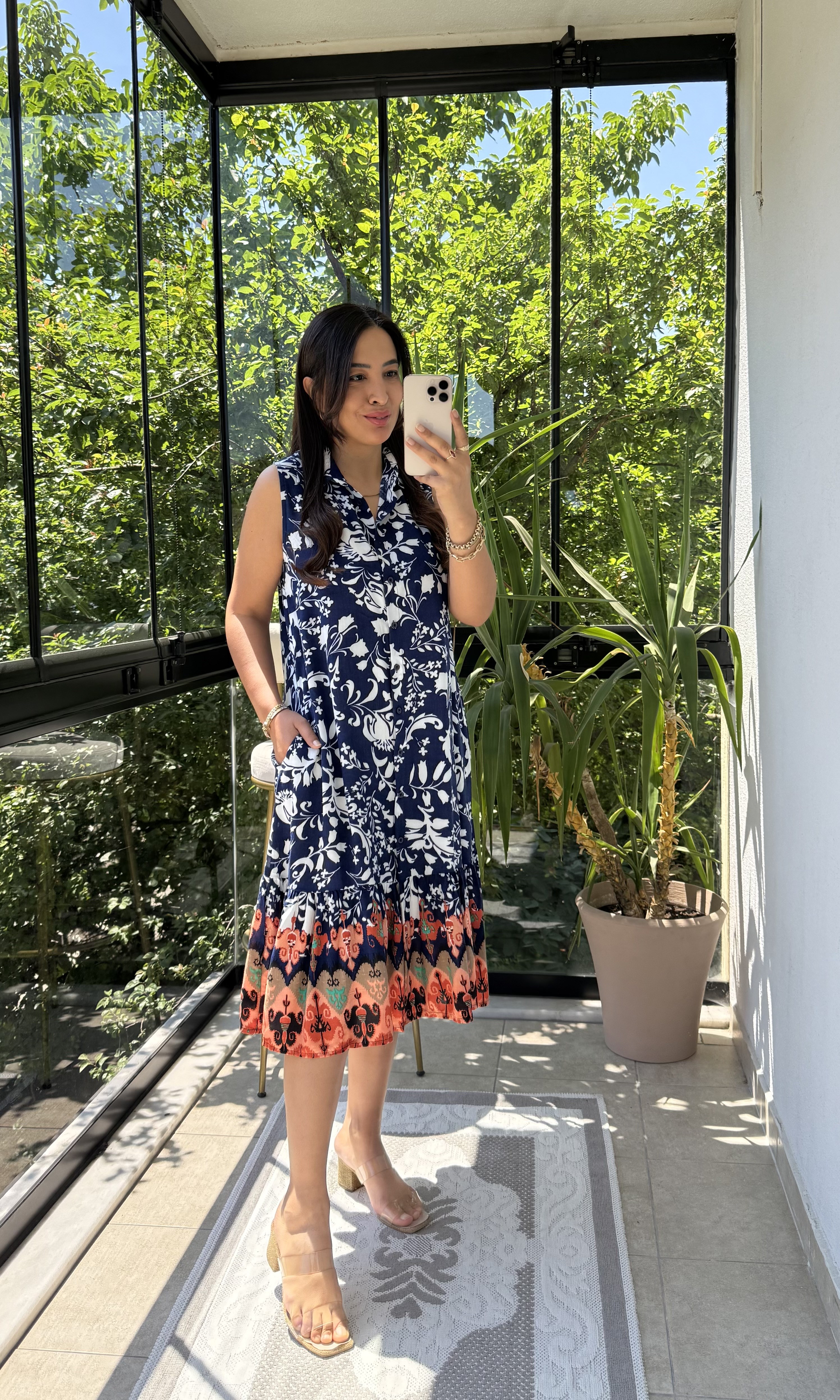 Viskon Sulu Desen Gömlek ELbise Lacivert