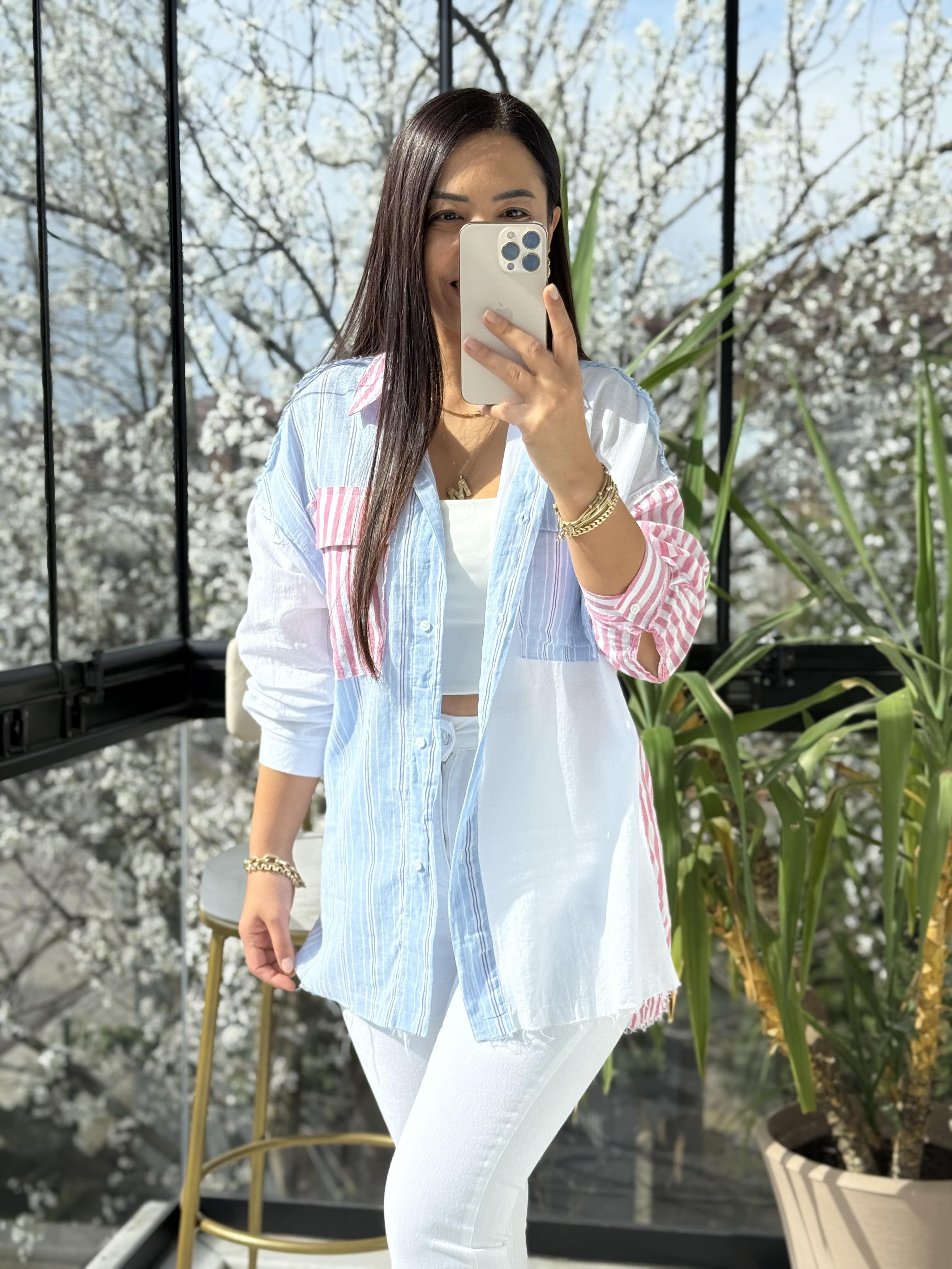 Cep Detaylı Çizgili Pamuklu Gömlek Beyaz