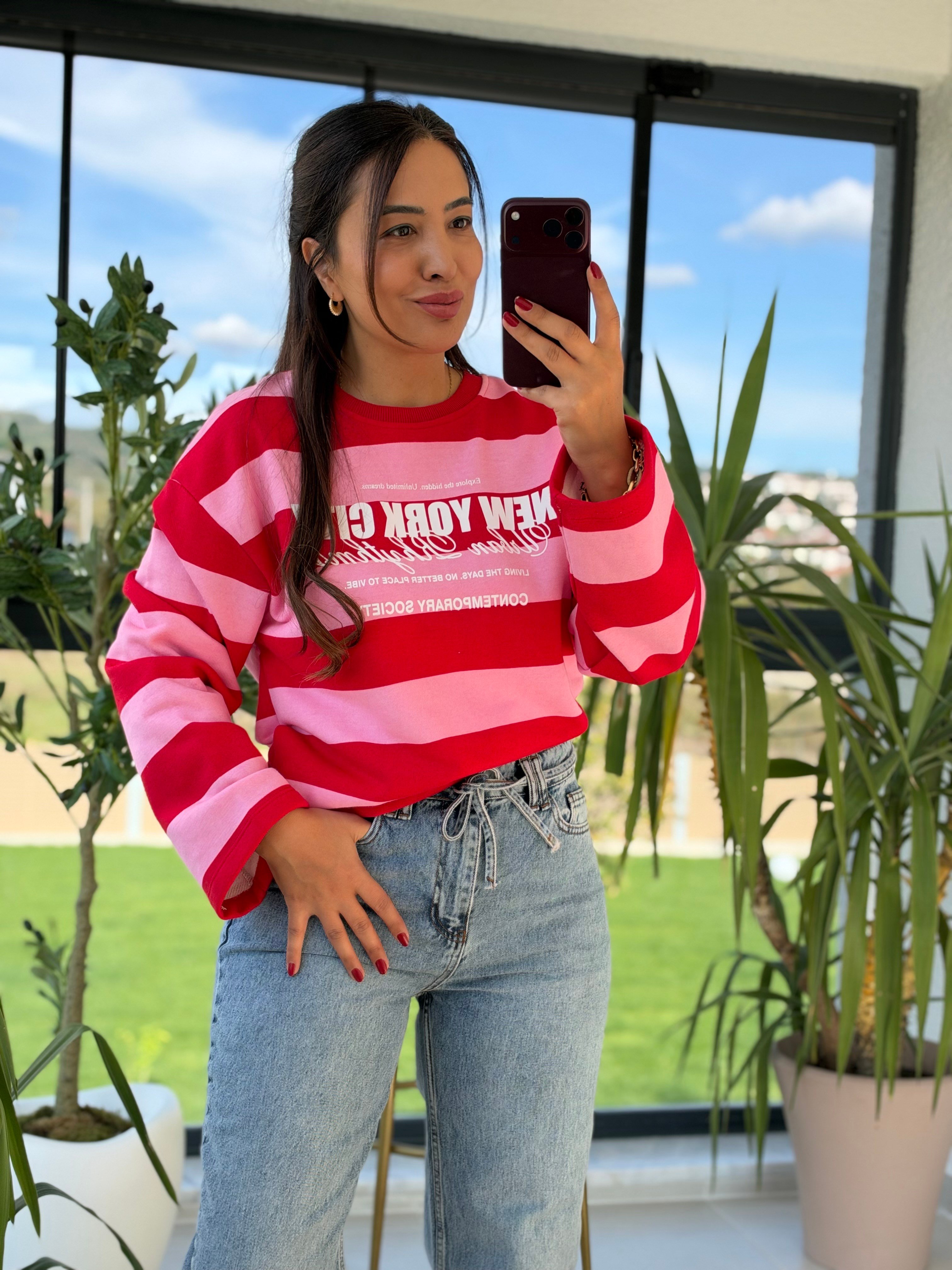 Kalın Çizgili New York Ctiy Sweatshirt Kırmızı
