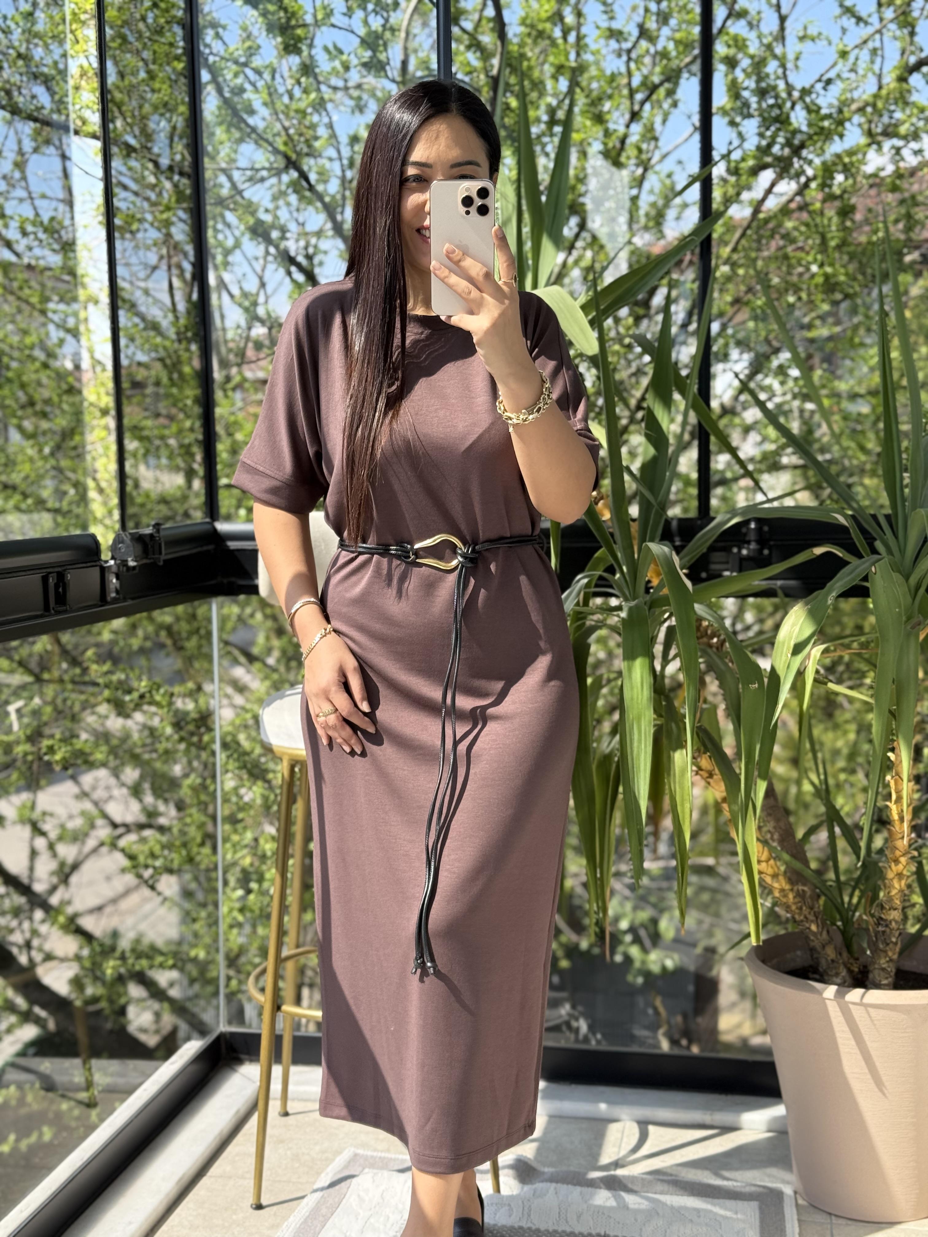 Kemerli Modal Elbise Kahve