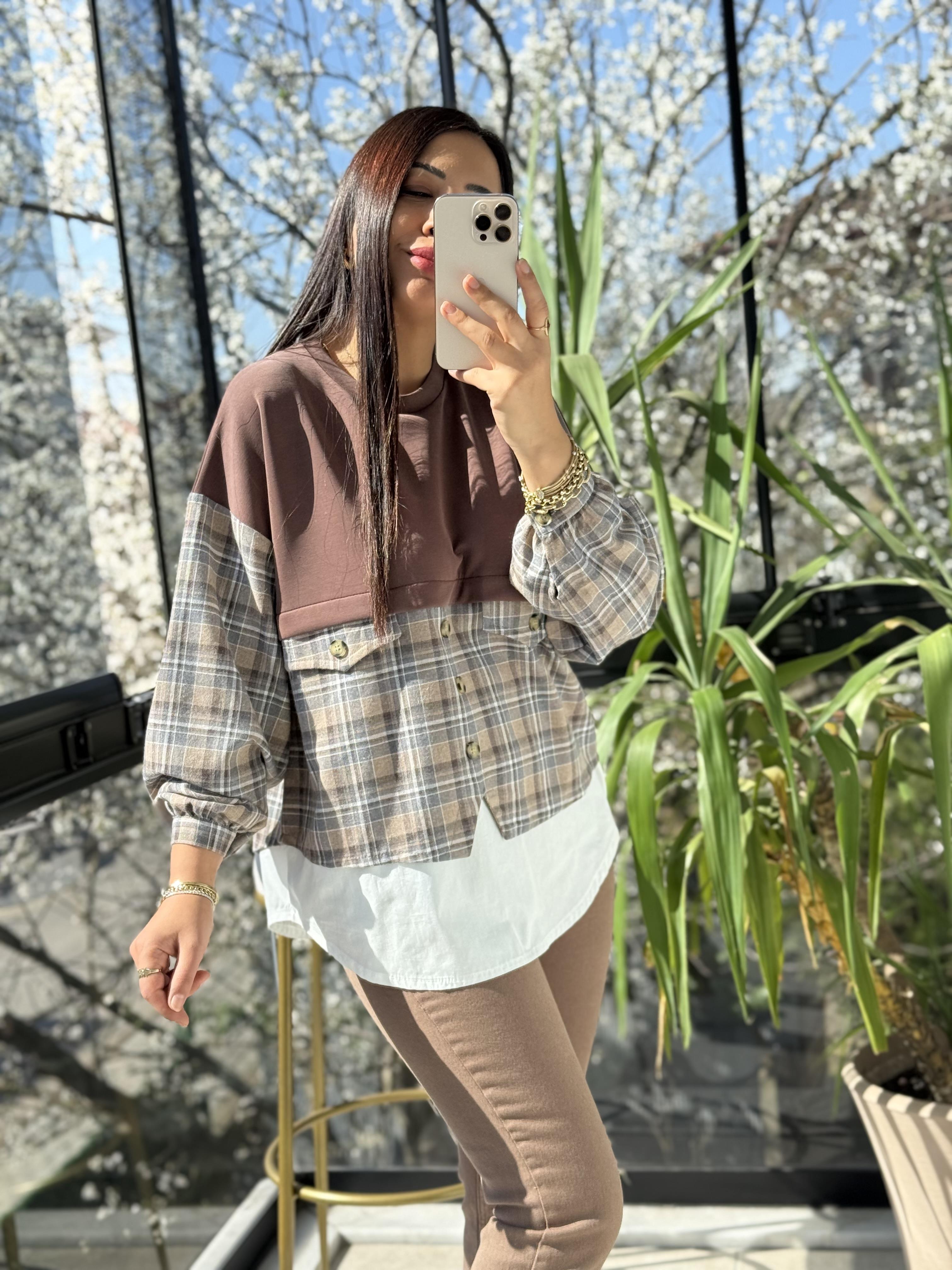 Mix kumaş Sweat Gömlek Kahve