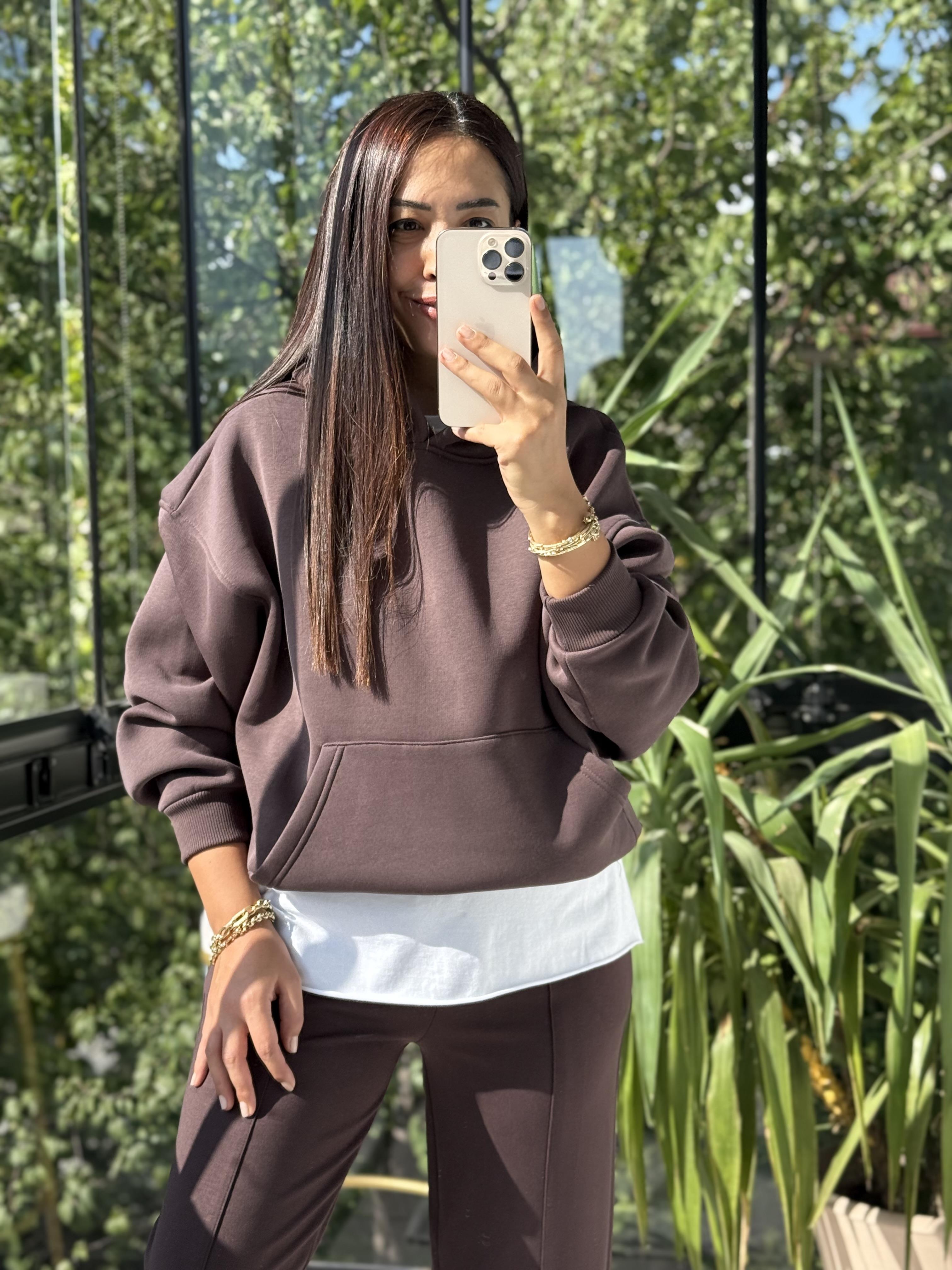 Kanguru Cep Kapşonlu Sweatshirt Kahve