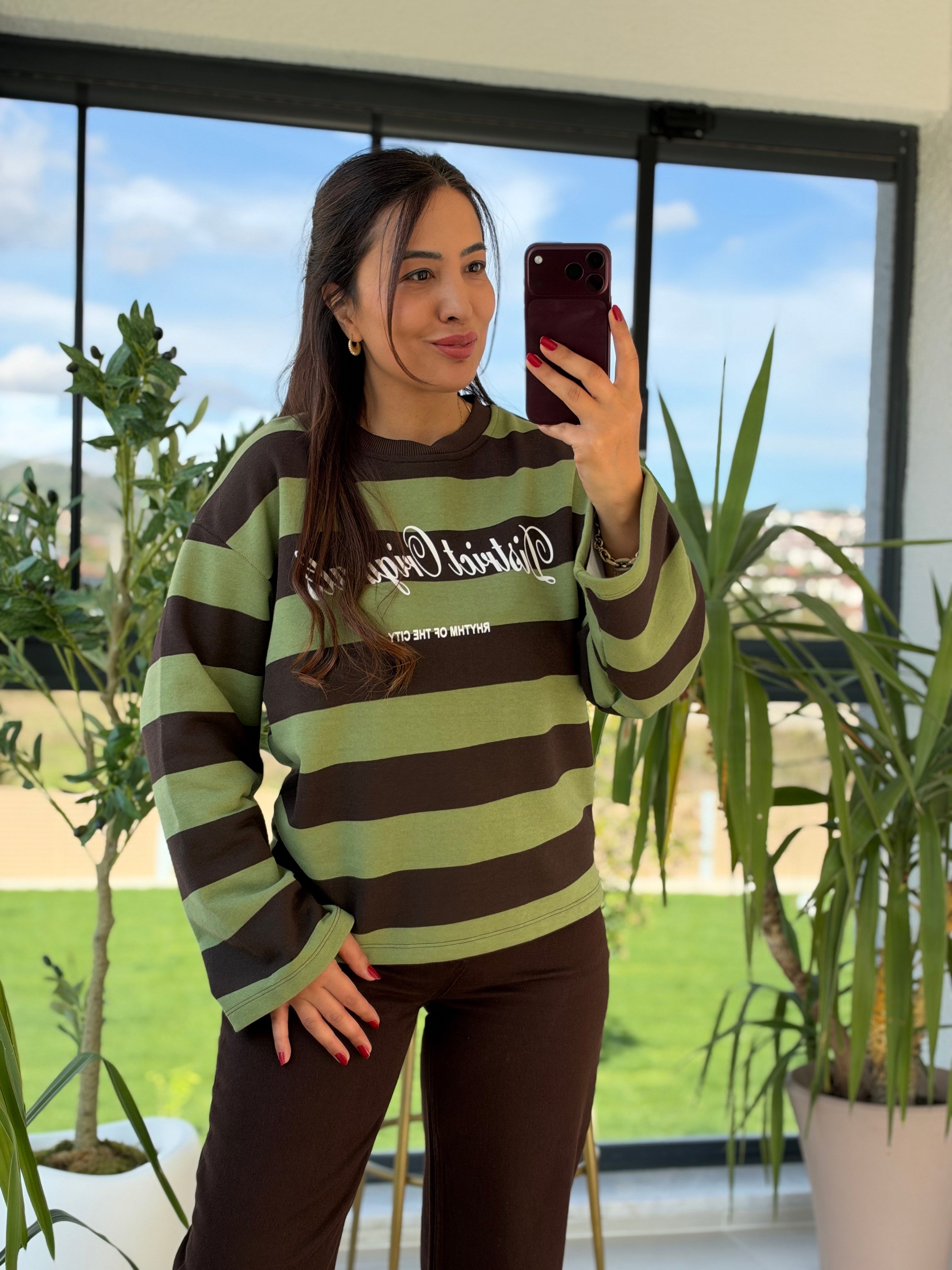 District Yazılı Çizgili Sweatshirtt Yeşil