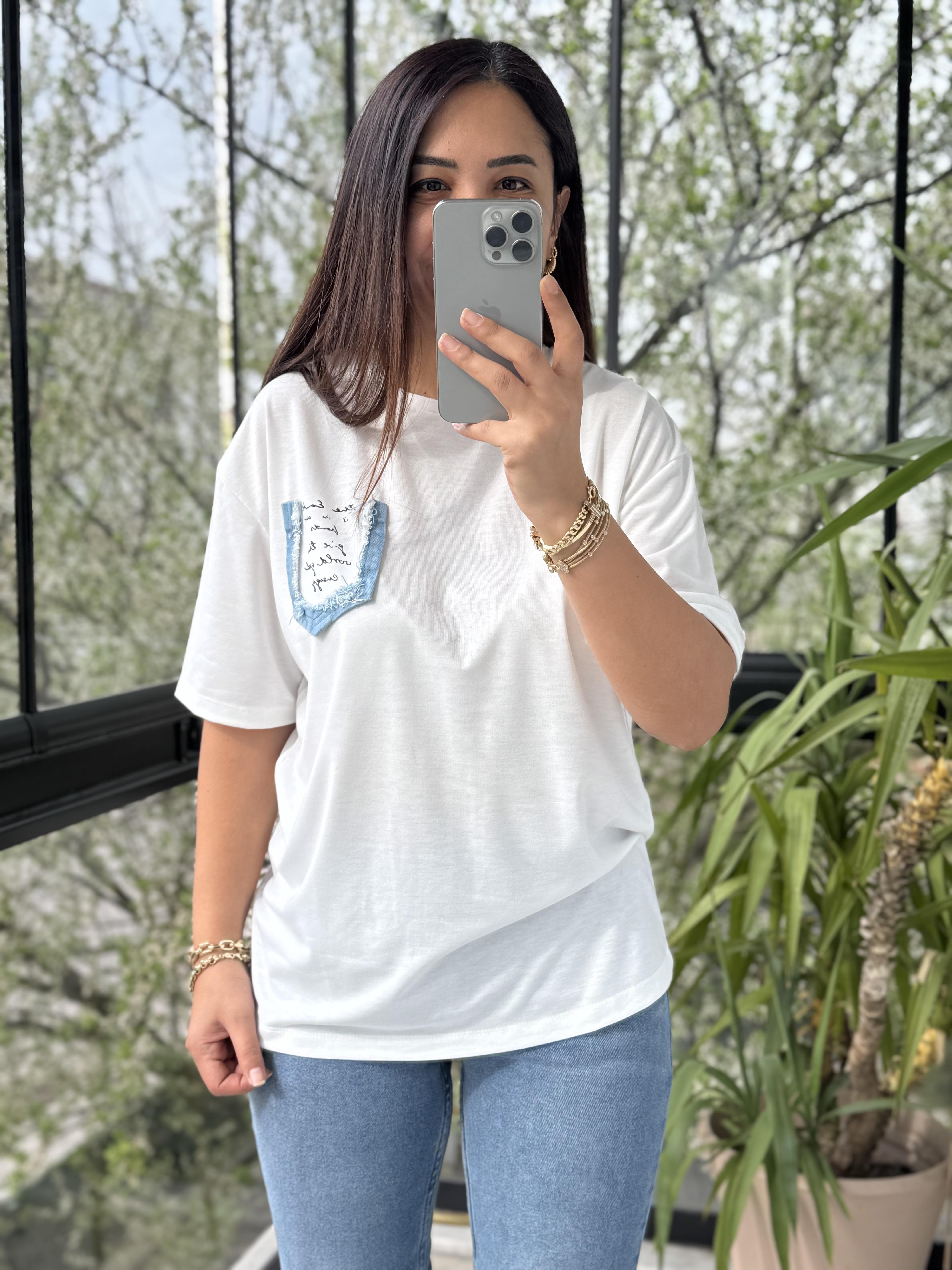 Cebi Kot Yazılı Tişört Ekru