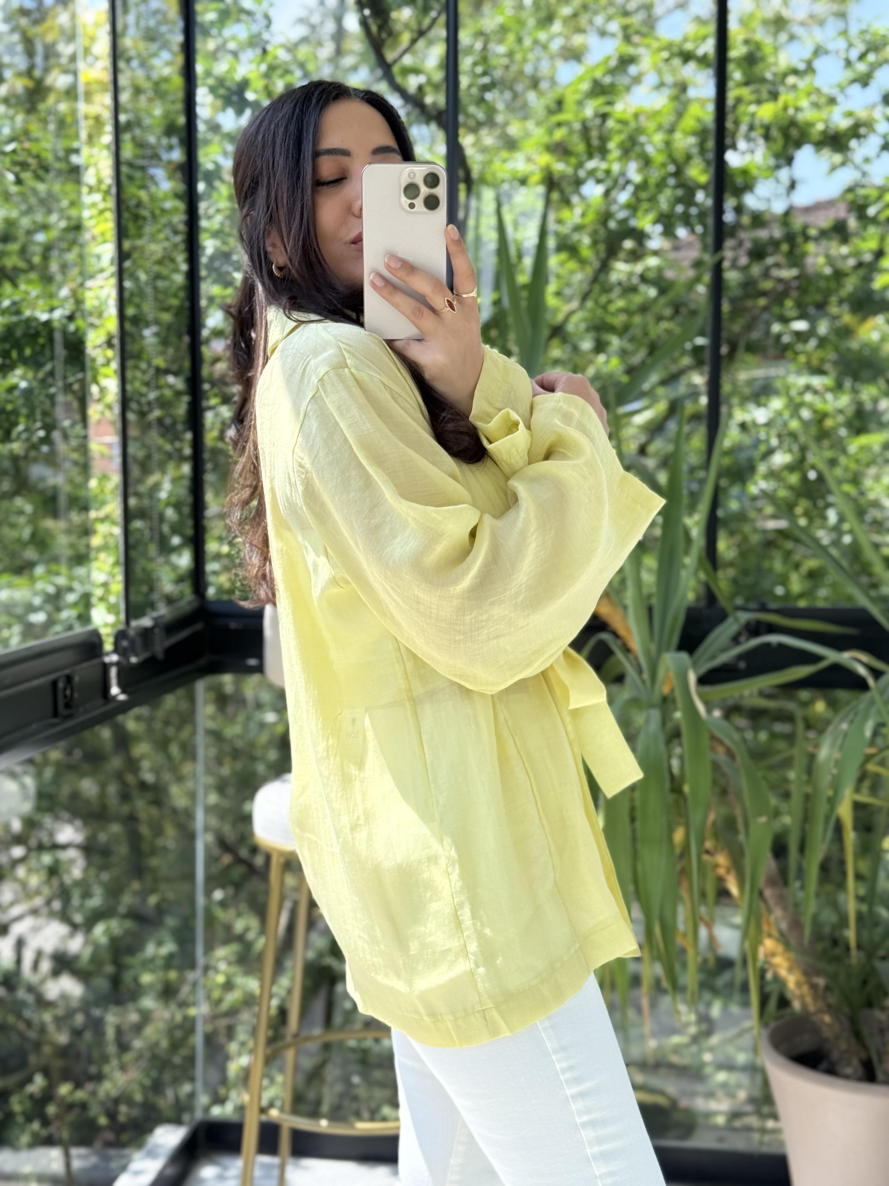 Kruvaze Yaka Bağlamalı Kimono Sarı