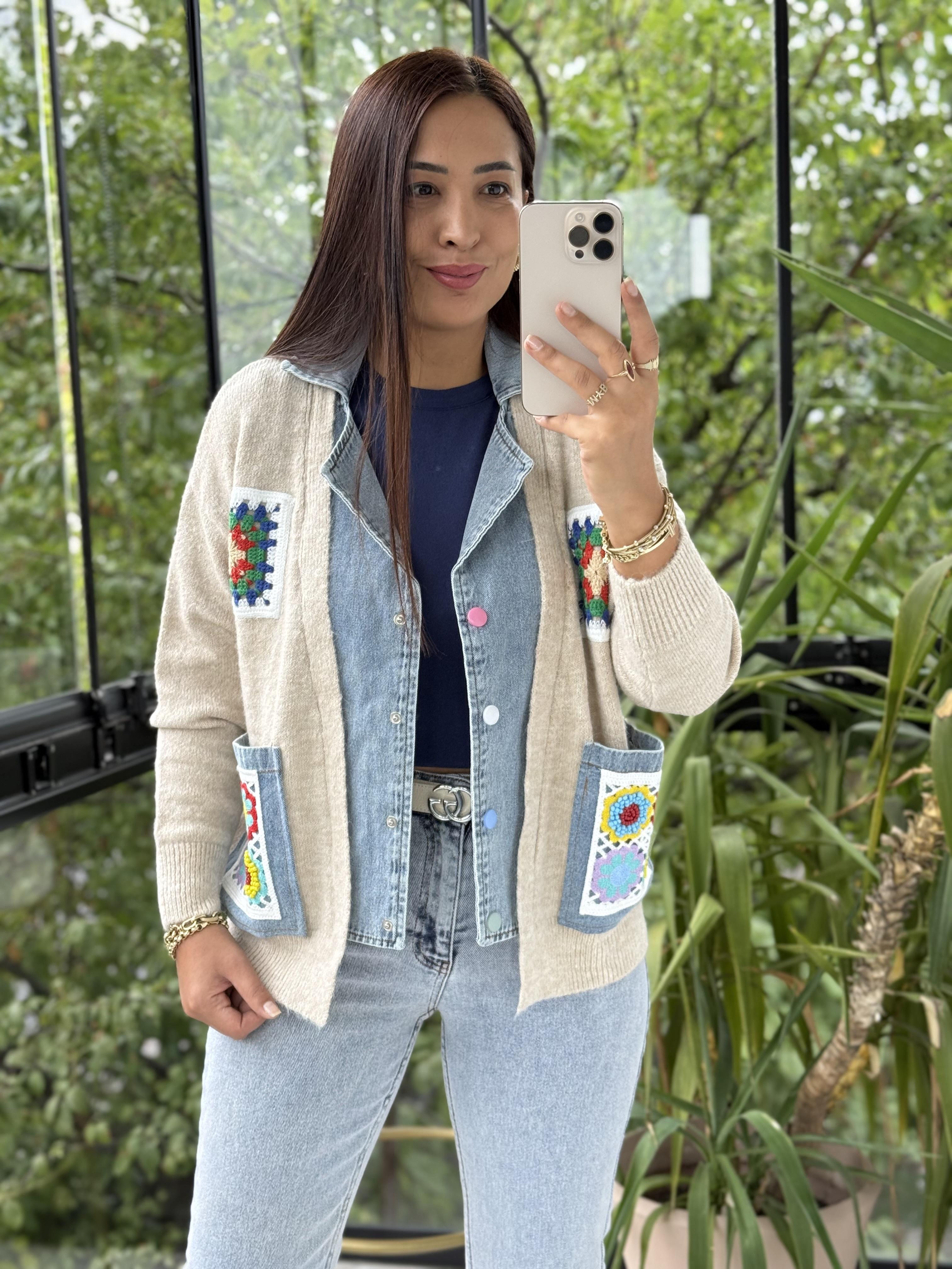 Cepleri Motif Detaylı Parçalı Hırka Taş