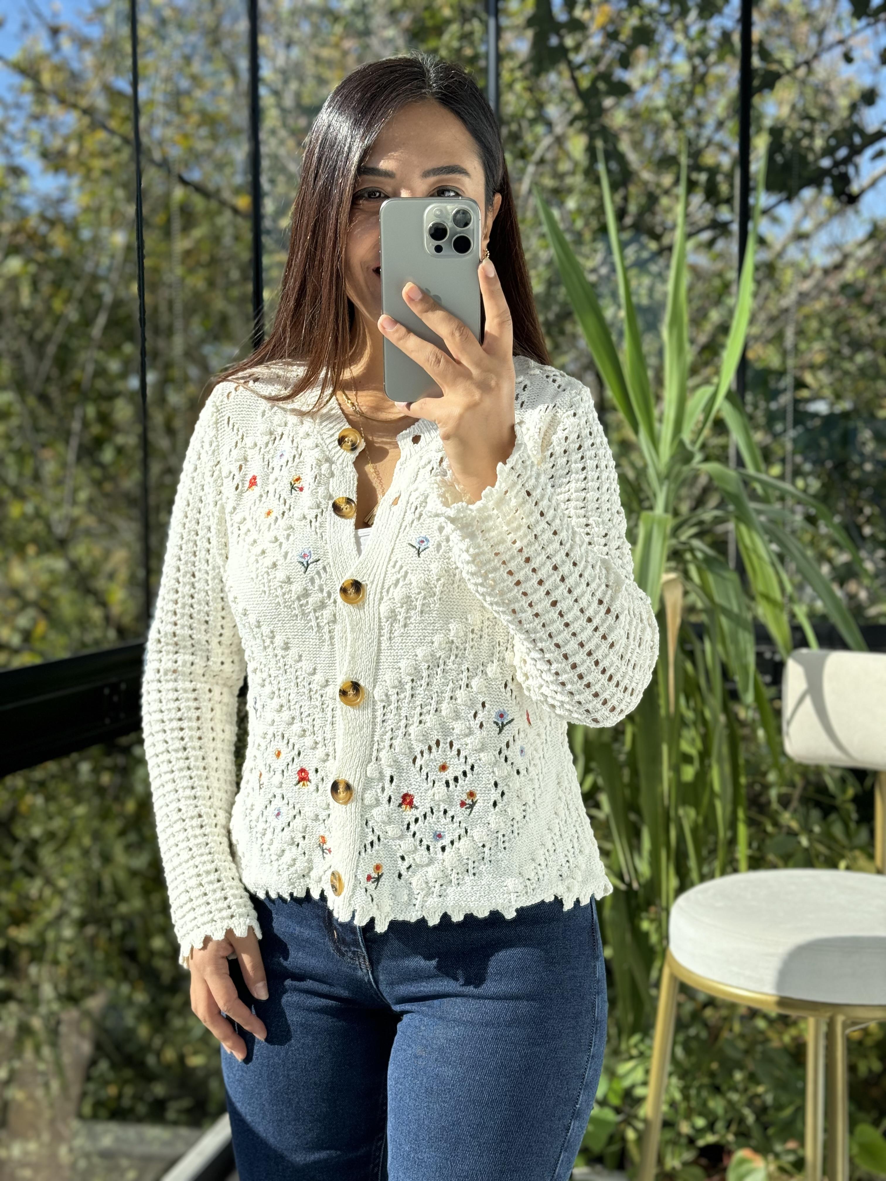 Çiçekli Örme Hırka Krem