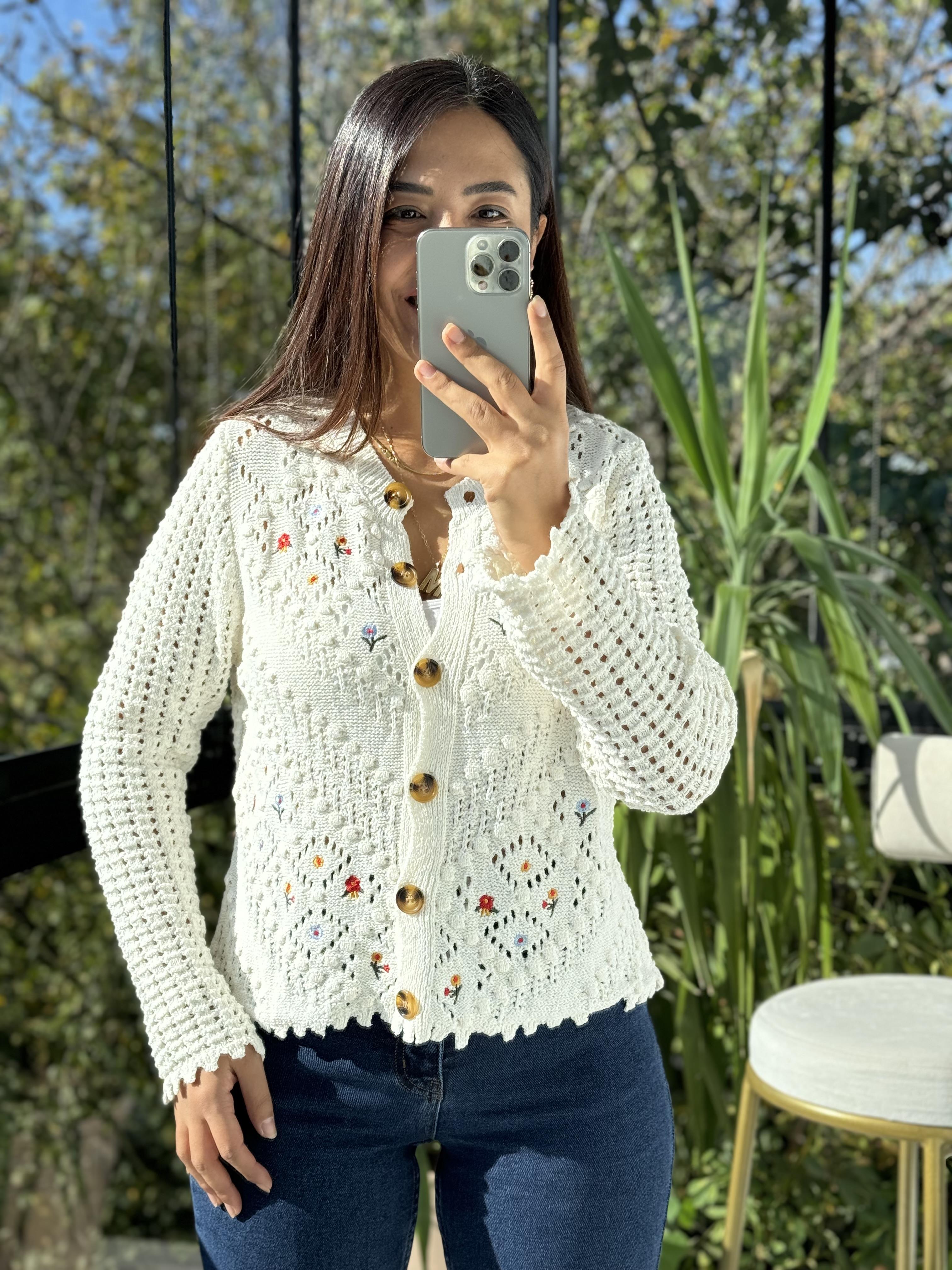 Çiçekli Örme Hırka Krem