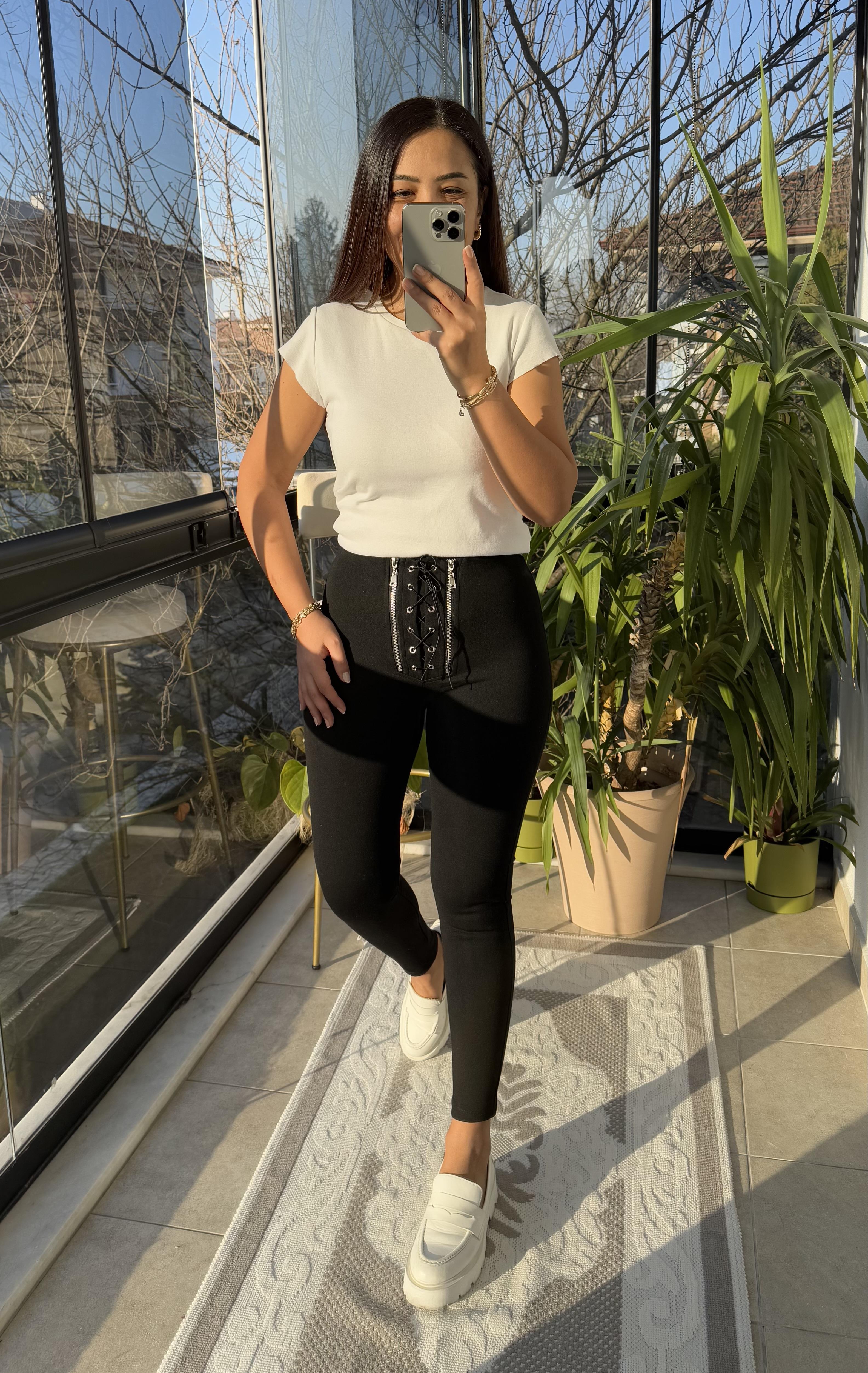 Çift Fermuarlı Bağcıklı Tayt Siyah