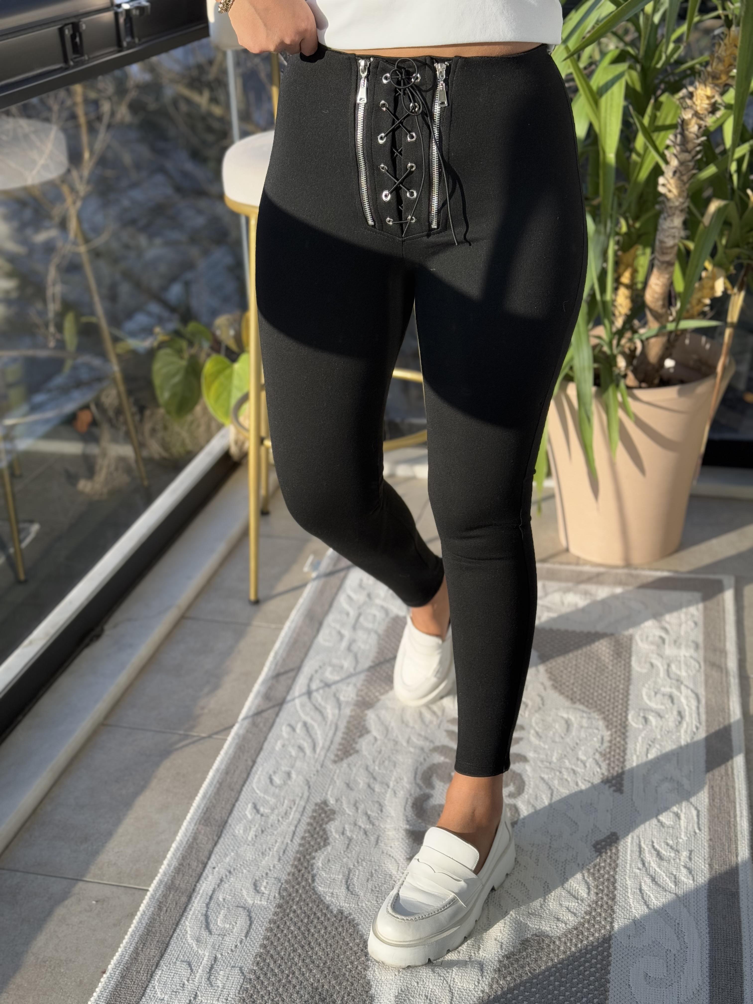 Çift Fermuarlı Bağcıklı Tayt Siyah