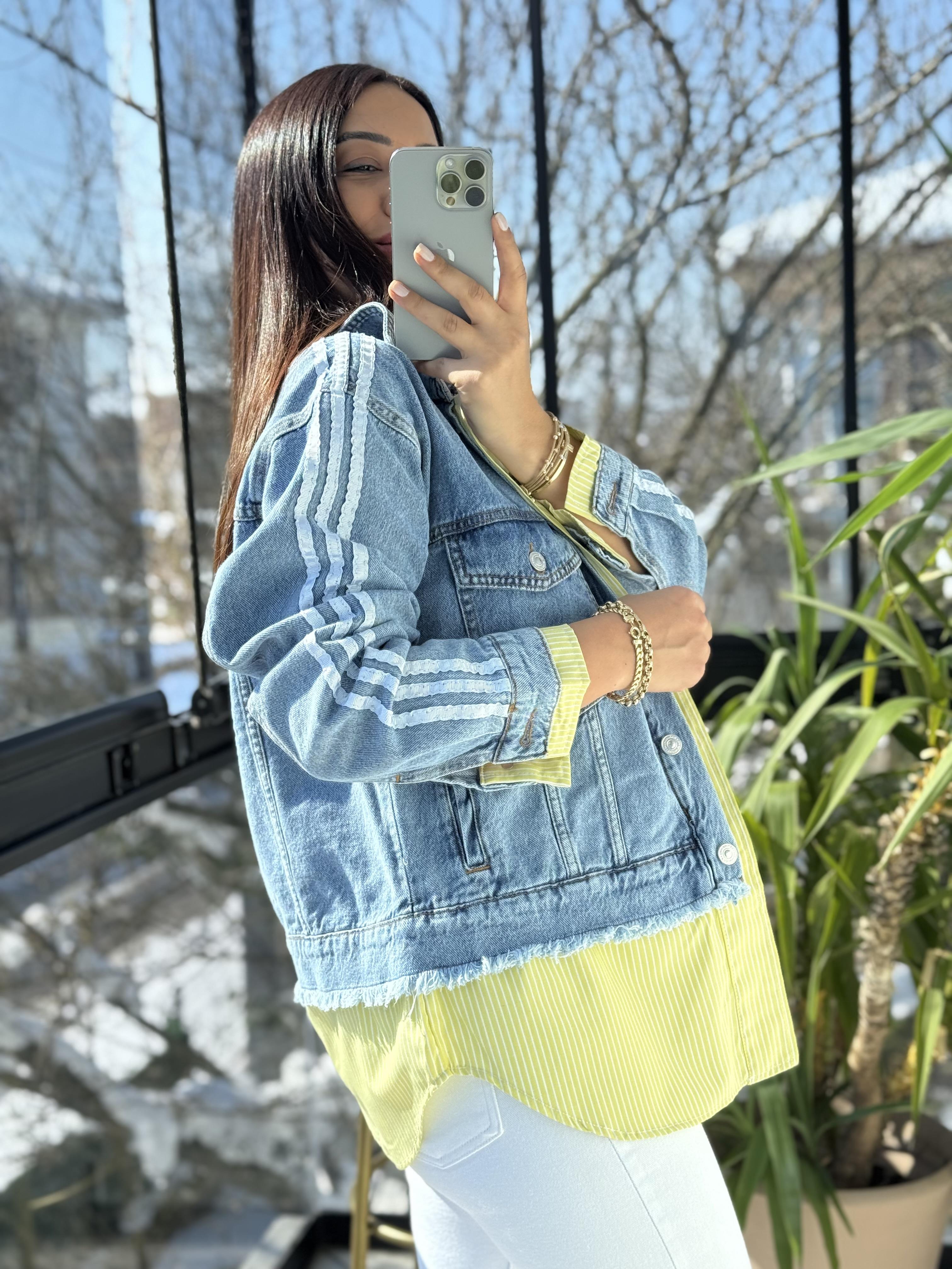 Çizgili Mix Kot Ceket Yağmurluk Fıstık Yeşili
