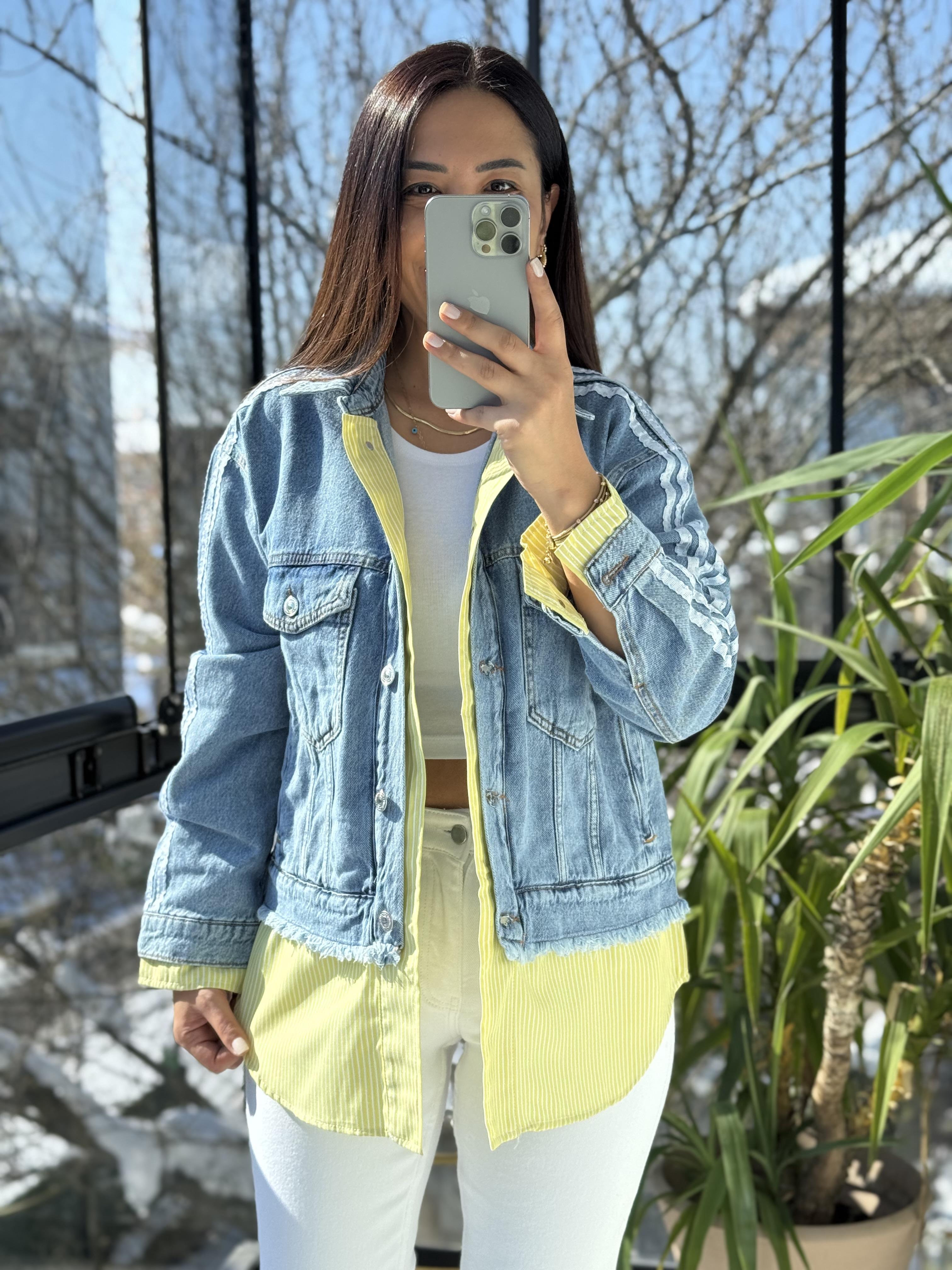 Çizgili Mix Kot Ceket Yağmurluk Fıstık Yeşili
