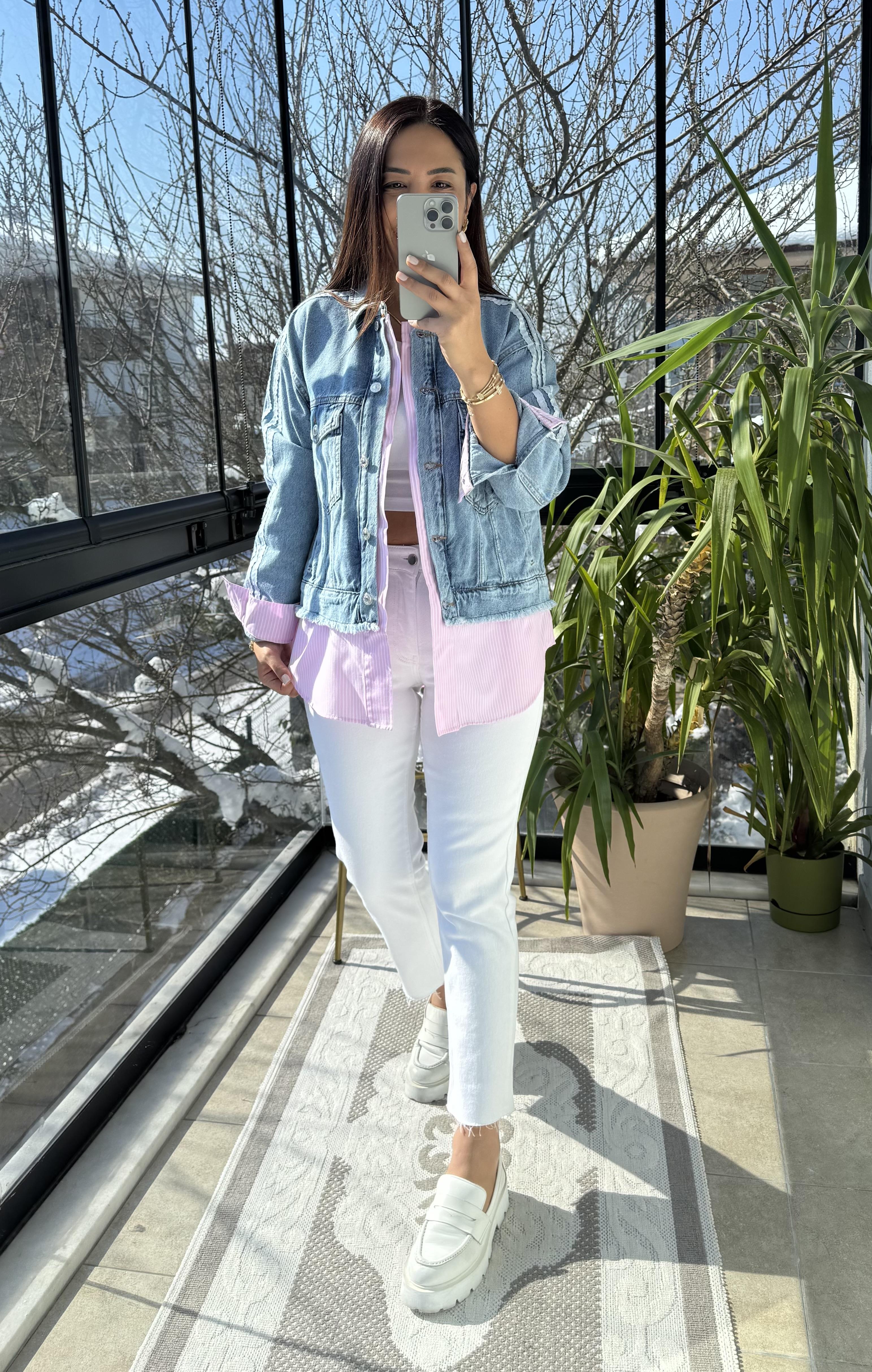 Çizgili Mix Kot Ceket Yağmurluk Pembe